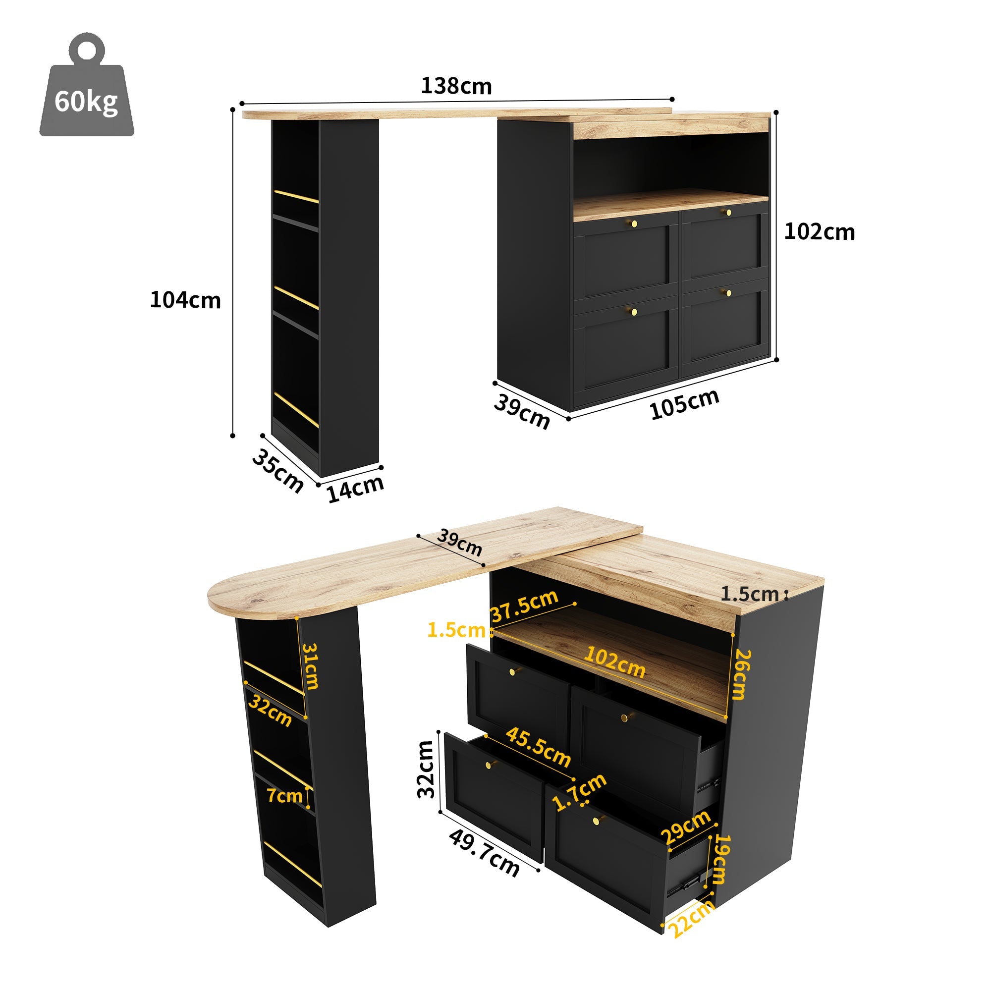 360° Swivelling Bar Table with 4 Drawers, Open Shelves, 105x39x102 cm, for Dining/Study/Living Room