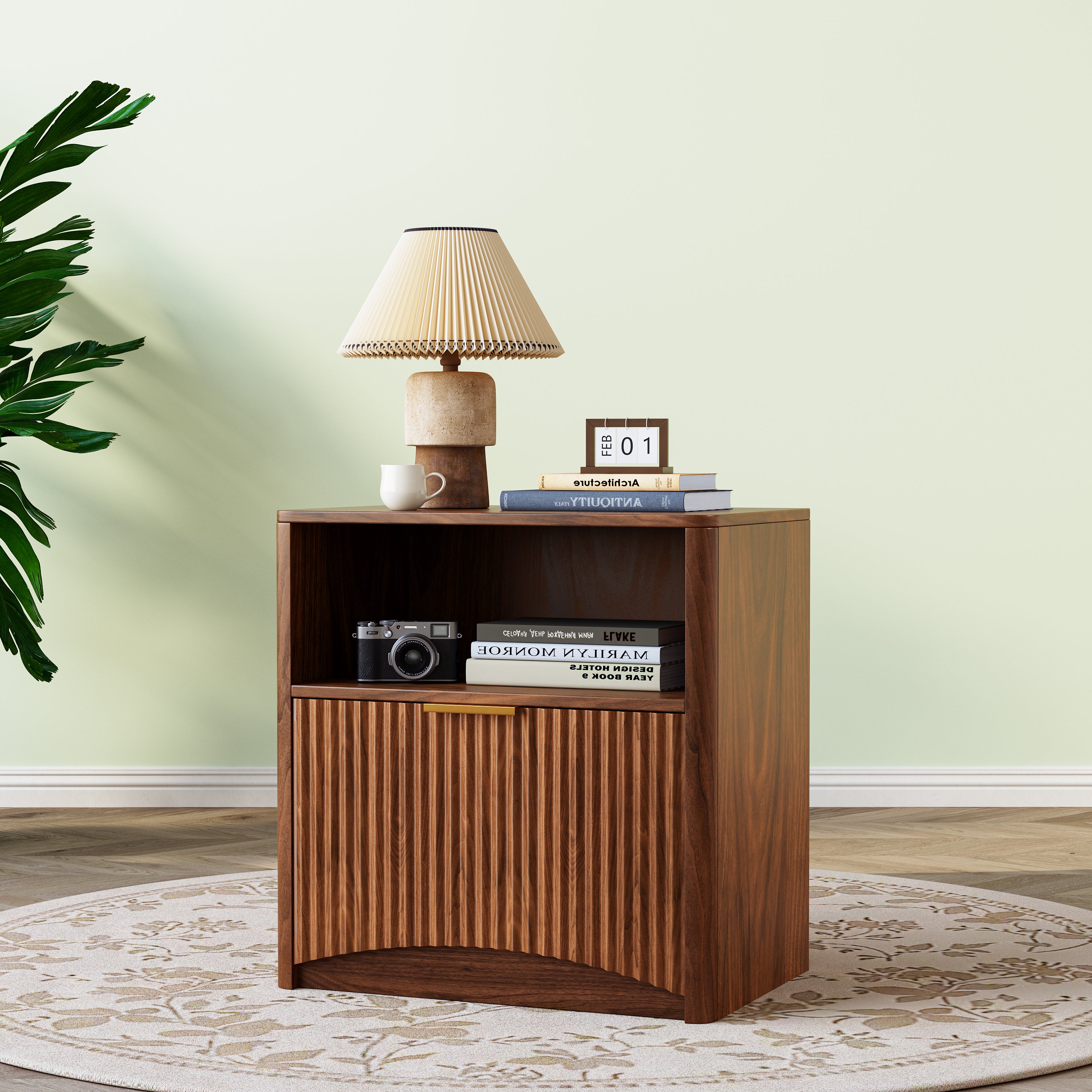 Nightstand Grooved Open Drawer Gold Handles - Walnut Look