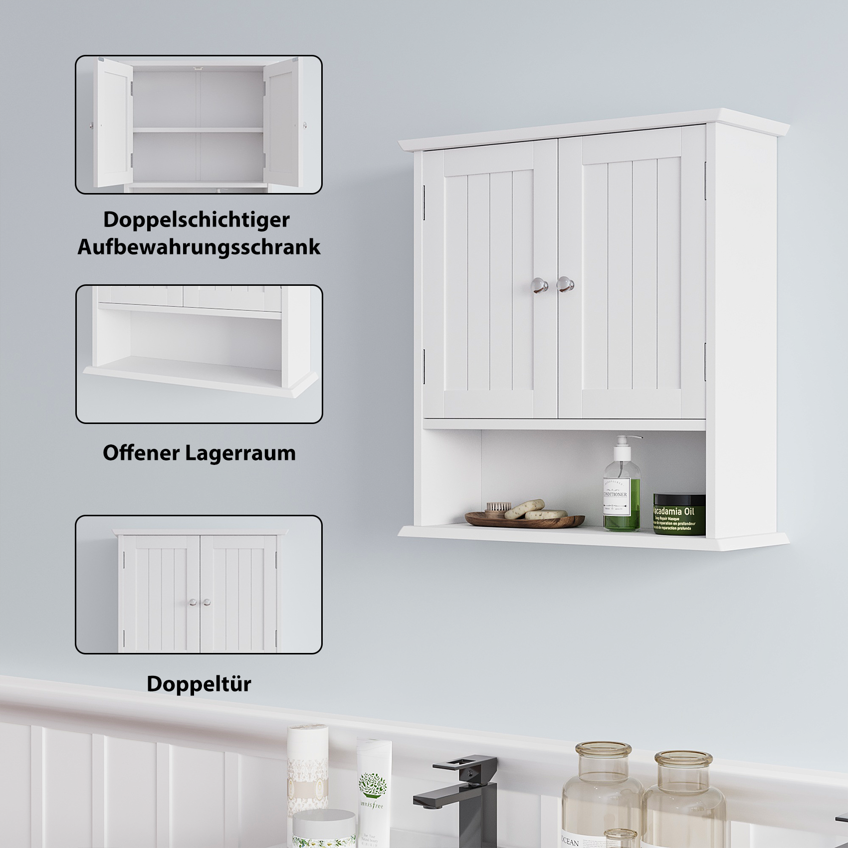 Bathroom Cabinet, Wall Mounted with Double Doors & Adjustable Shelves, White
