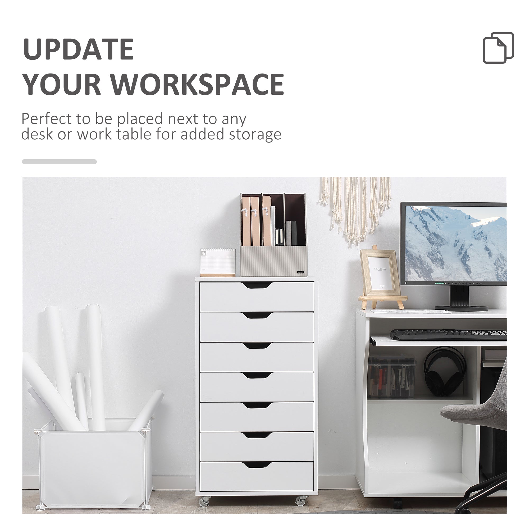 Seven-Drawer Filing Cabinet with Wheels - White