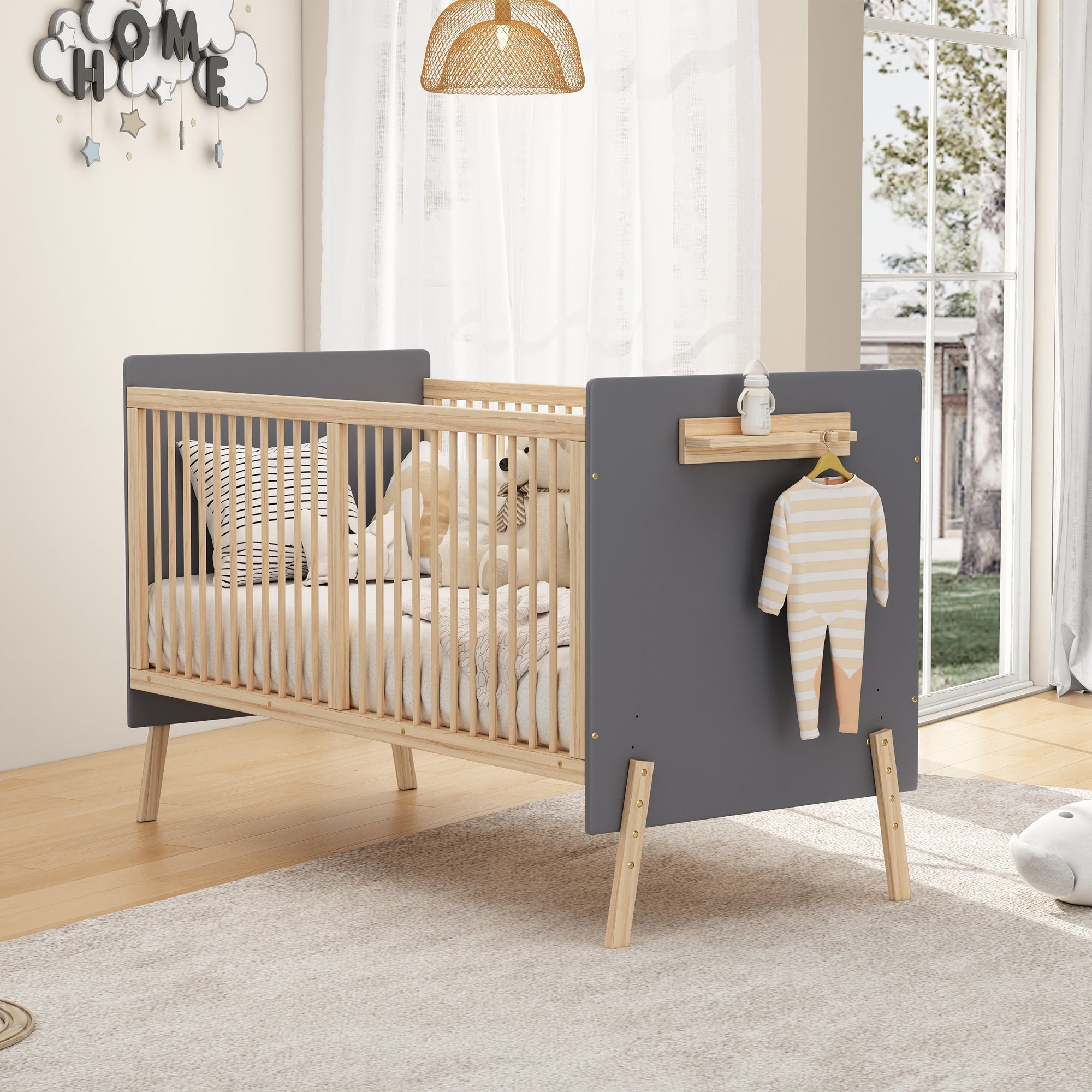 Solid Wood Baby Bed Adjustable Children's Cot/Sofa Bed 3-Stage Height Blue-Grey Natural Wood