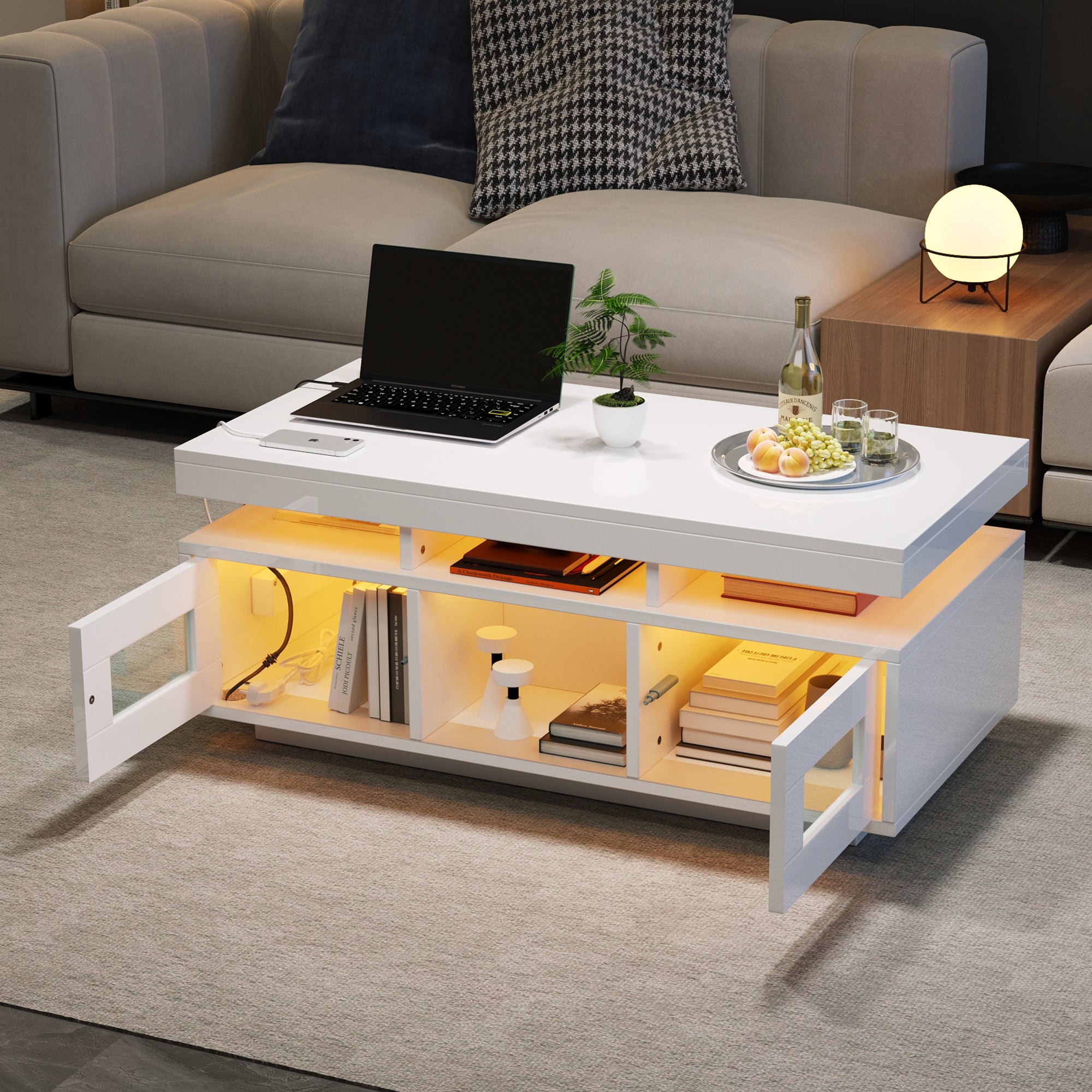 Coffee Table 100x50x43cm LED Lights Charging Port High-Gloss White