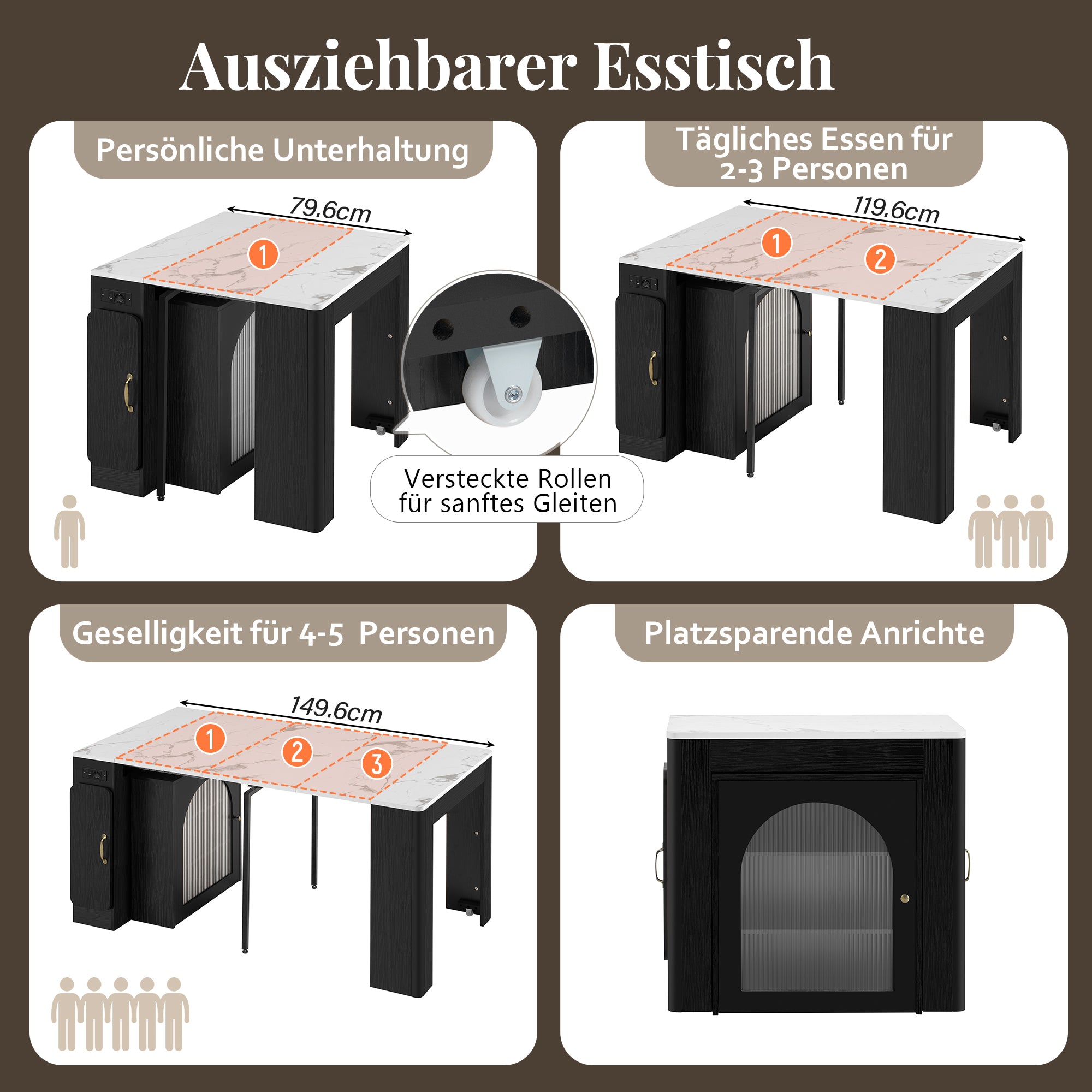 Kitchen Island, Extendable Mobile Serving Cart with Wheels, Black