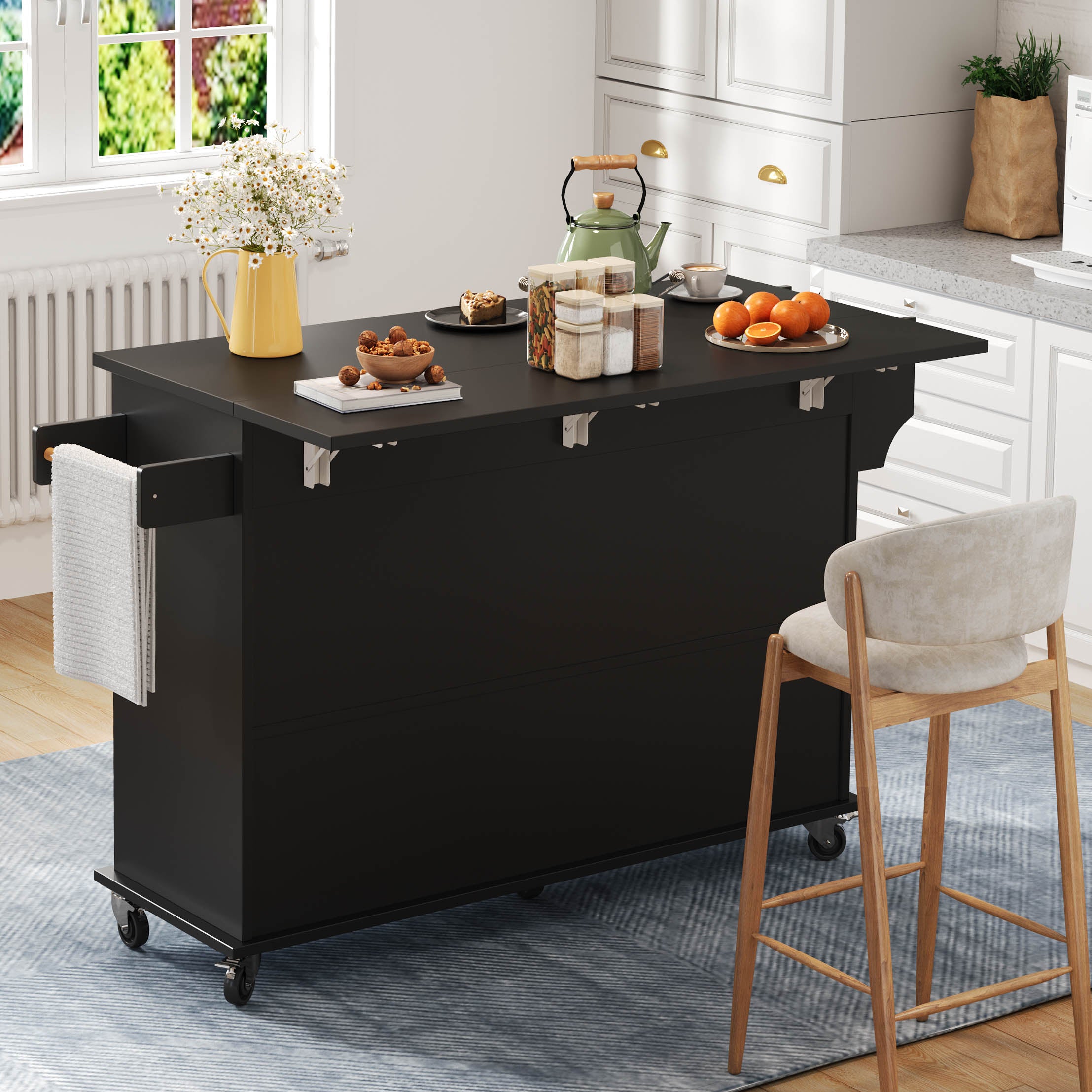 Mobile Kitchen Island with Folding Worktop and Storage Cabinet 4 Doors Black