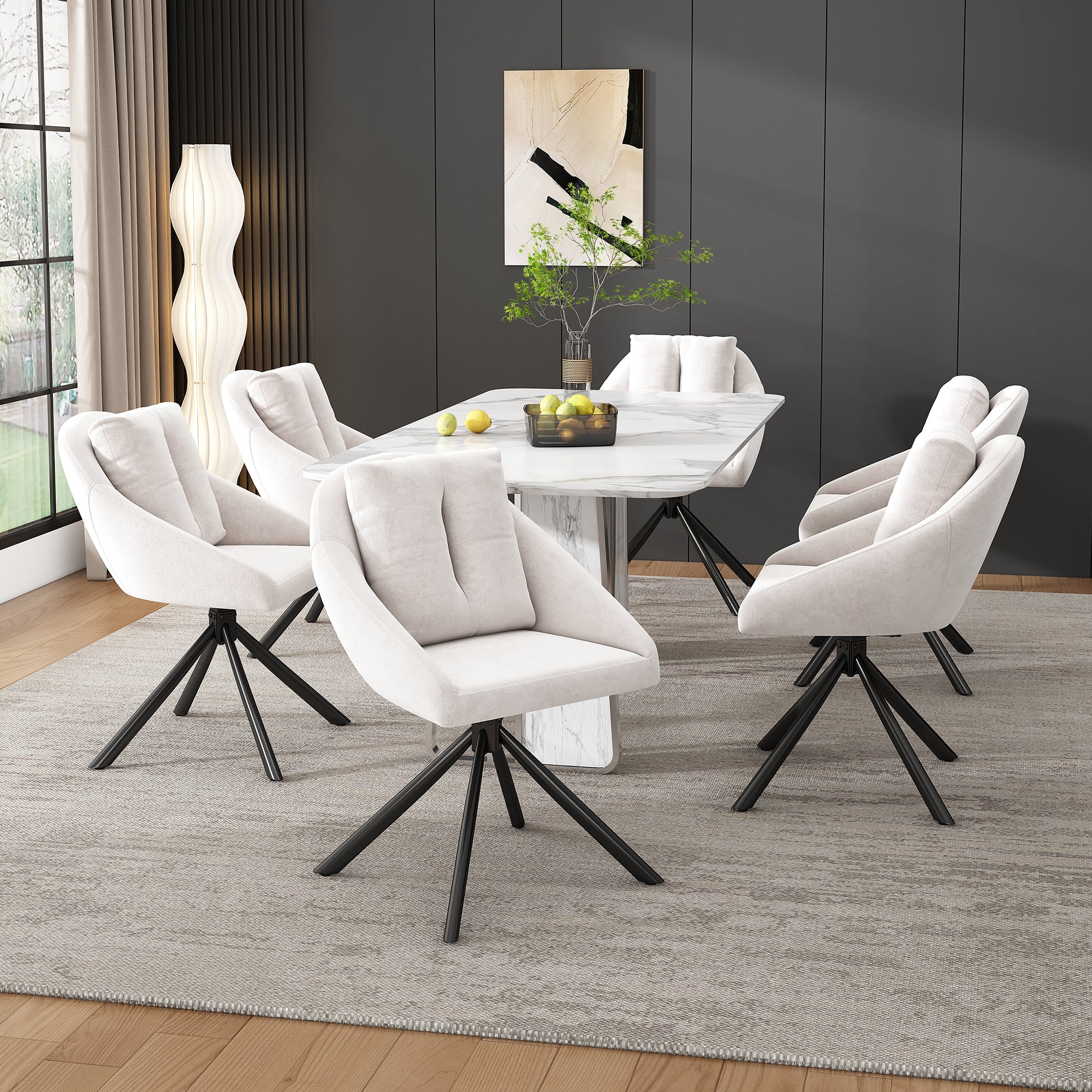 Swivel Dining Chair Set of 6 with Ergonomic Design and Breathable Fabric, Beige Velvet