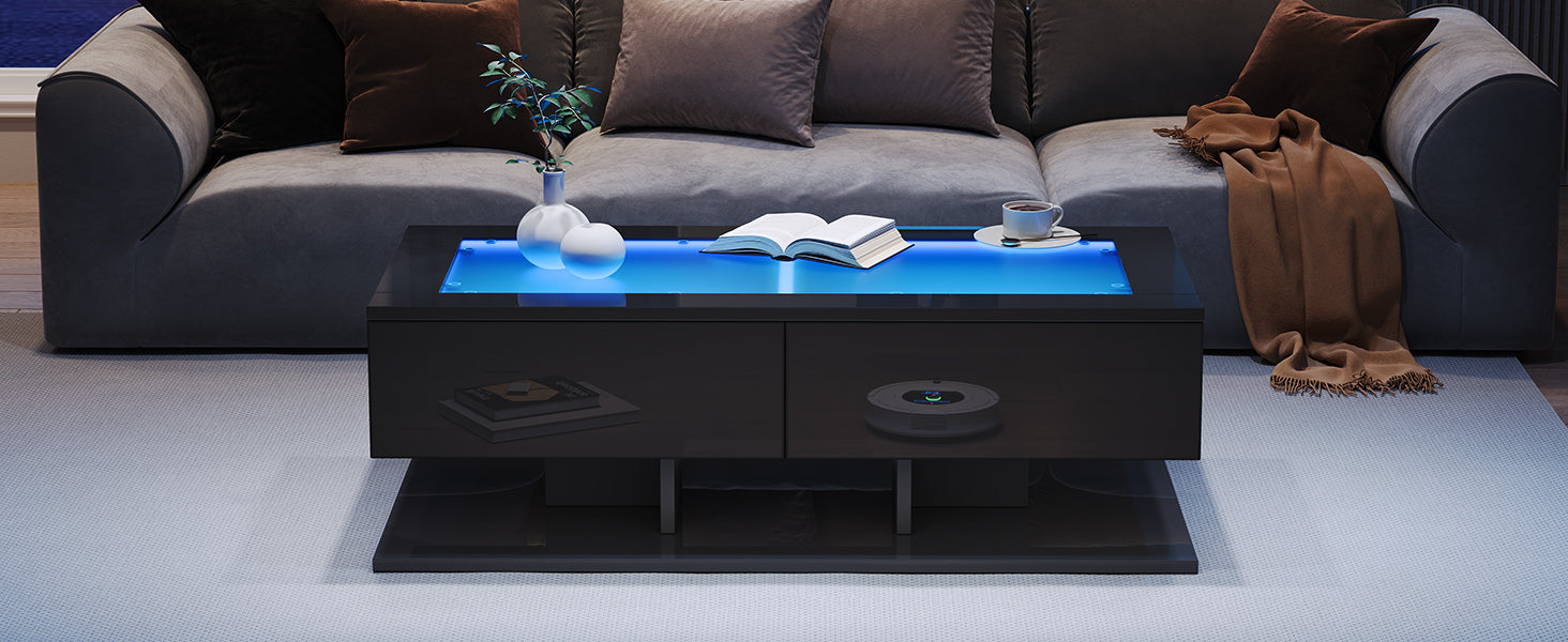 Coffee Table with Drawers, LED Light, Glass Top, Black