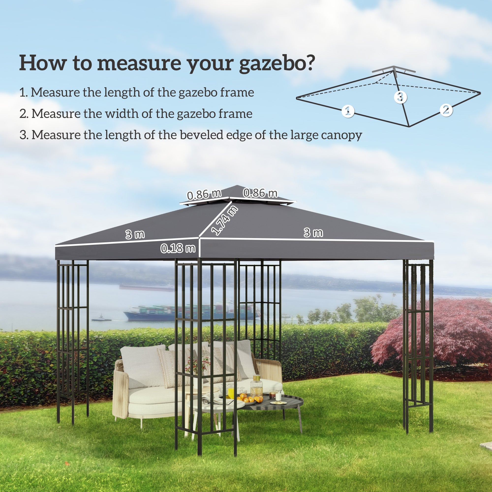 Gazebo Top Cover 3m Double Tier Replacement Deep Grey