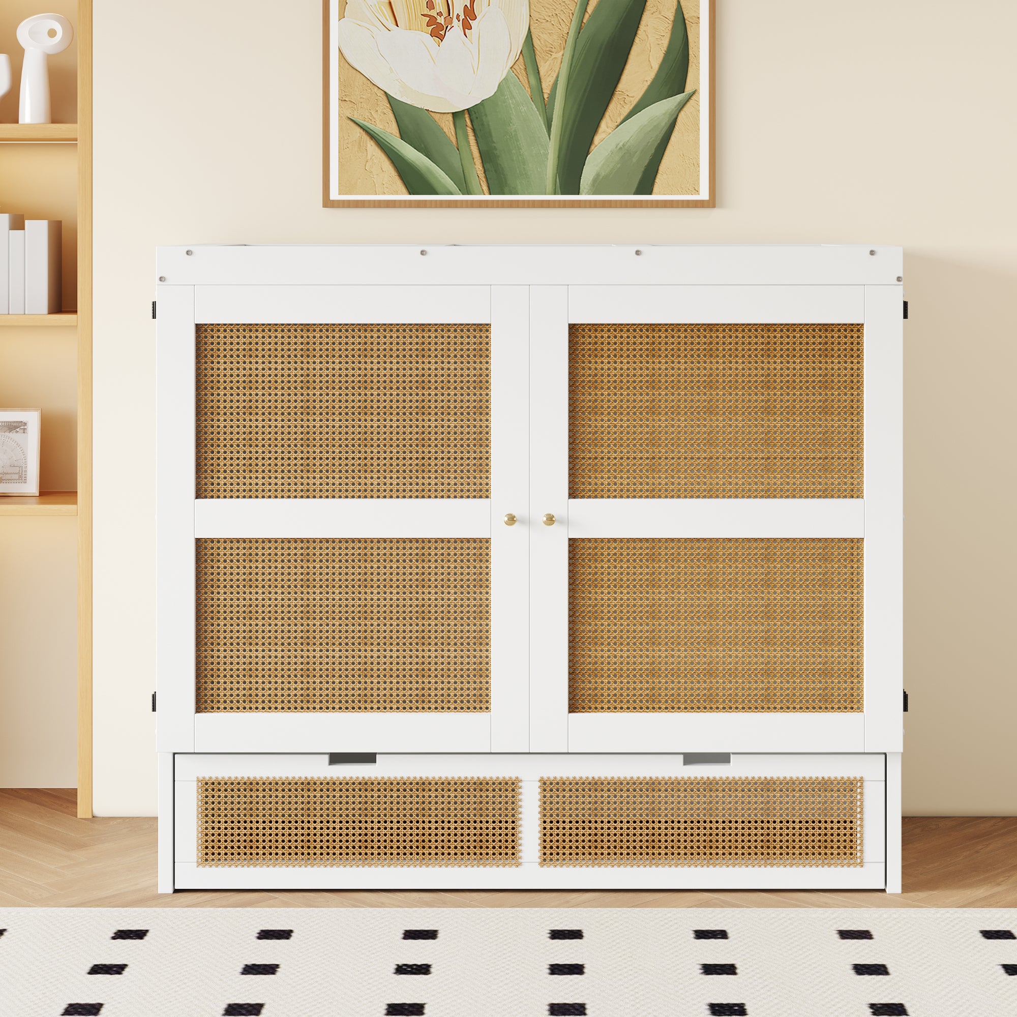 Wall Bed 140x200cm, Vertical with Slatted Frame & Storage Drawers, Rattan Design White