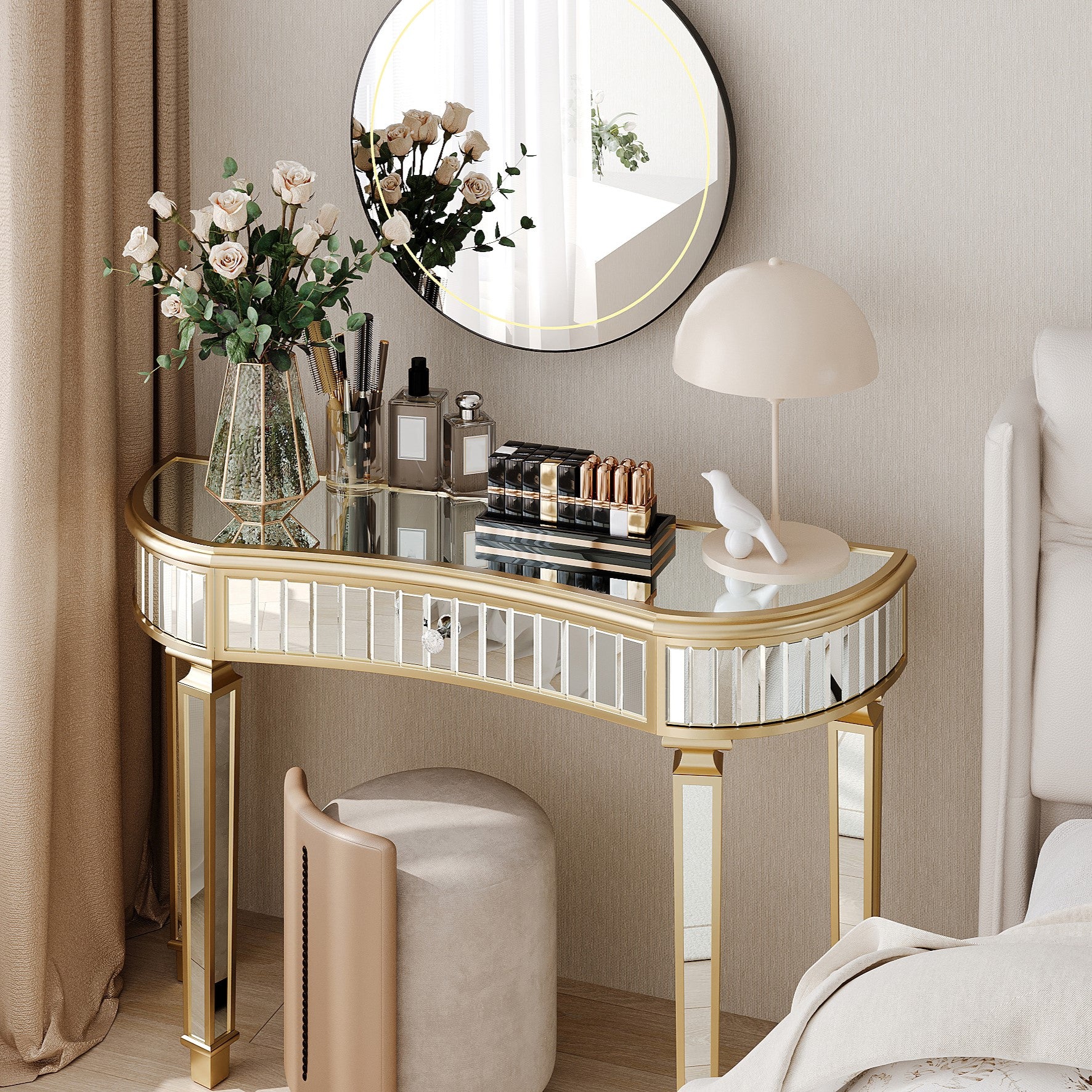 120CM Half-Moon Console Table, Fluted Glass & Crystal Knob Drawer, Mirrored (Gold+Sliver)