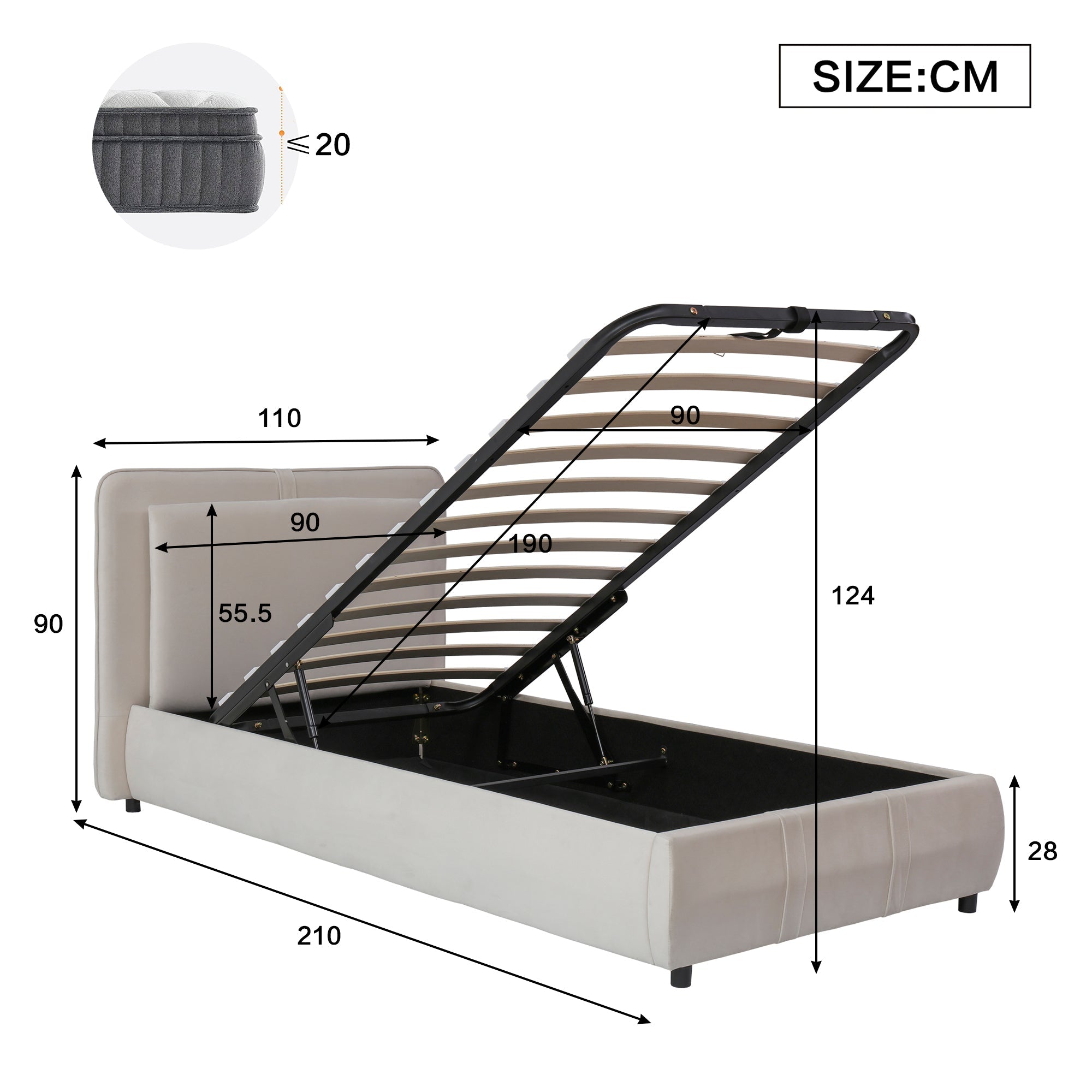 Upholstered Bed, Hydraulic Storage Function 3ft Single 90x190cm, Durable Sturdy Removable Soft Headboard Backrest, Velvet Plywood Beige