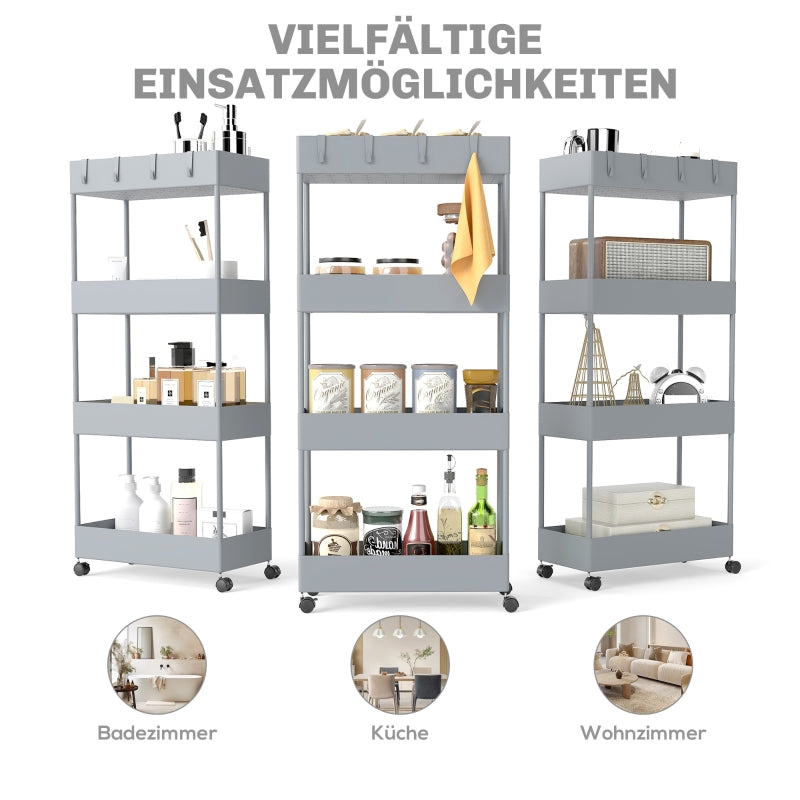 Rolling Cart, 4-Tier Shelf with Wheels and Brakes, Plastic, Gray