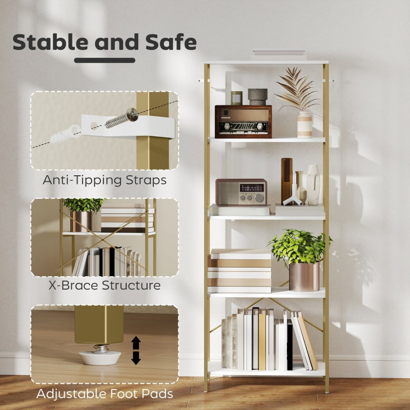 5-Tier Bookshelf Modern Bookcase with Metal Frame, White and Gold Tone