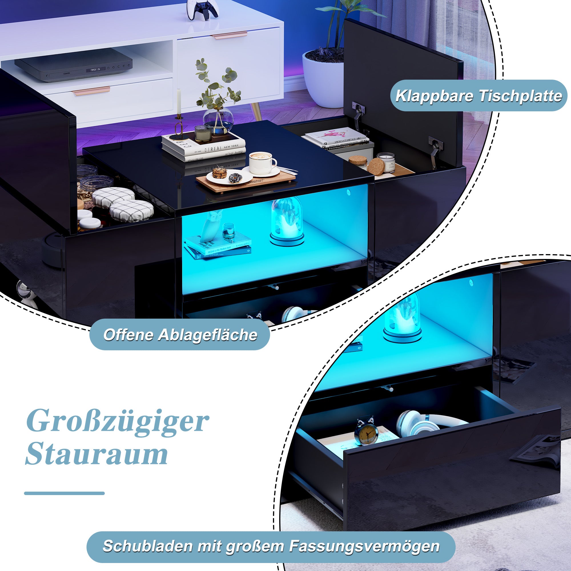 Coffee Table 100x50x40cm High-Gloss LED 1 Drawer 2 Cabinets - Black