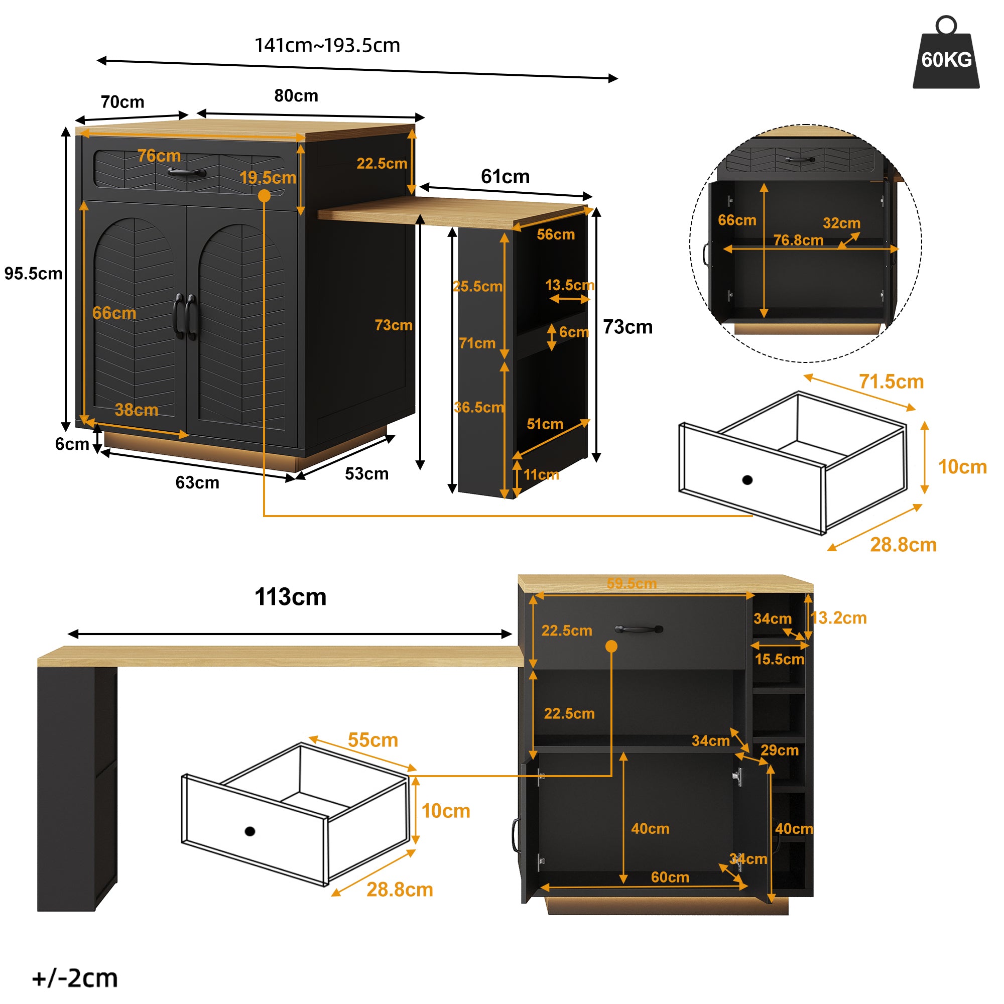 Kitchen Island with Pull-out Table and Storage Drawers, Black and White