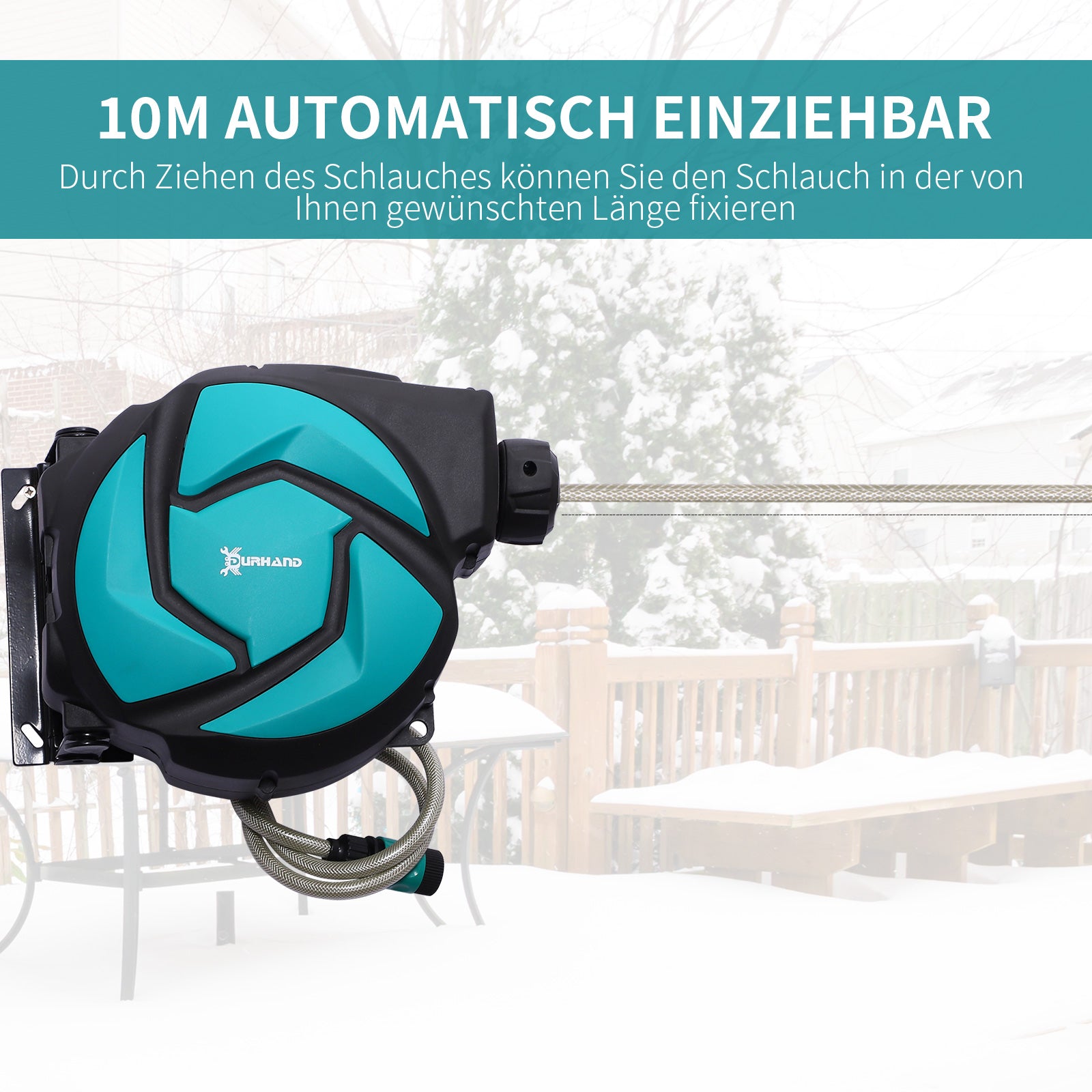 DURHAND wall-mounted hose reel 10m swiveling 180° with multi-spray, plastic green black