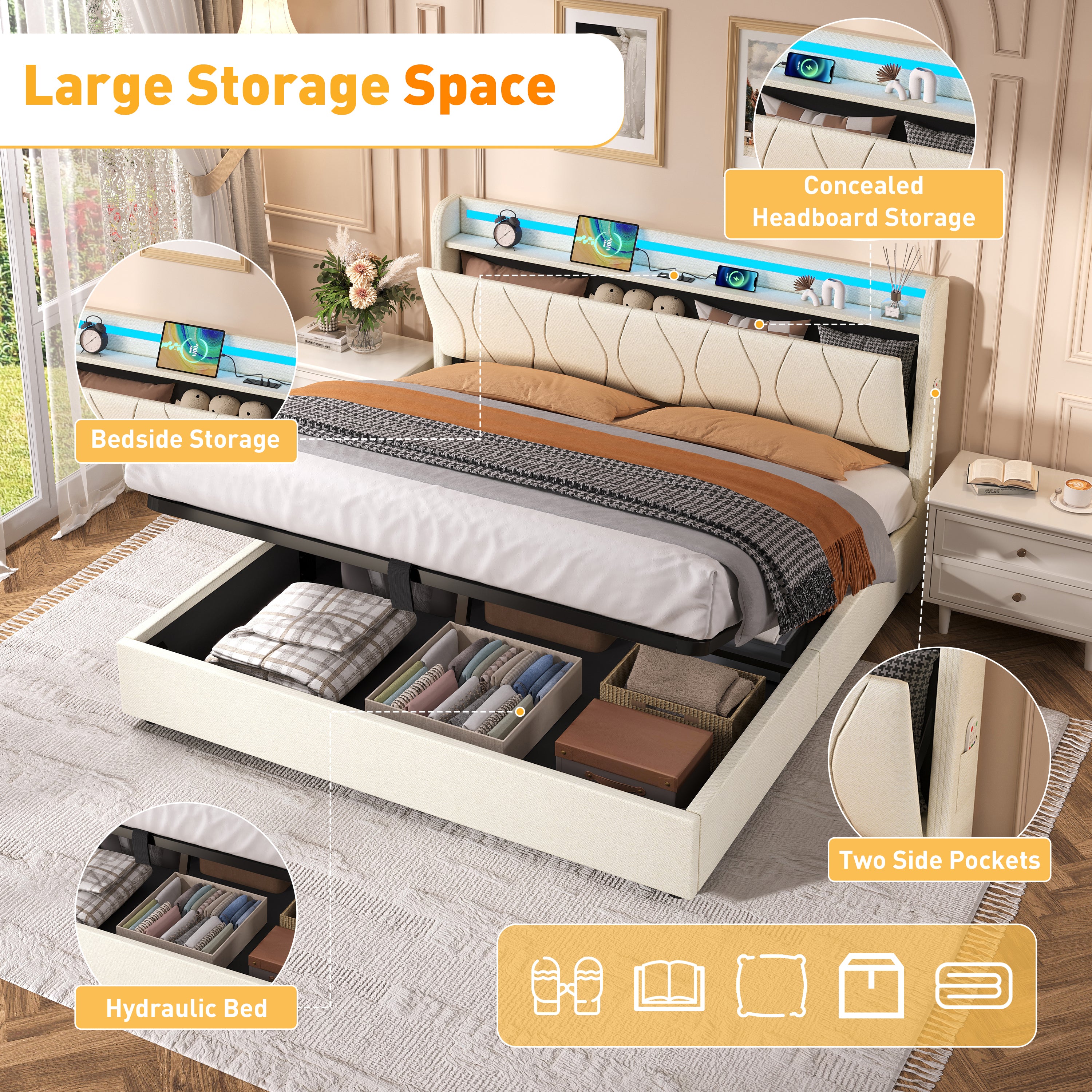5ft King Upholstered Bed Frame, Hydraulic Storage LED Headboard with Charging Station, Beige Linen