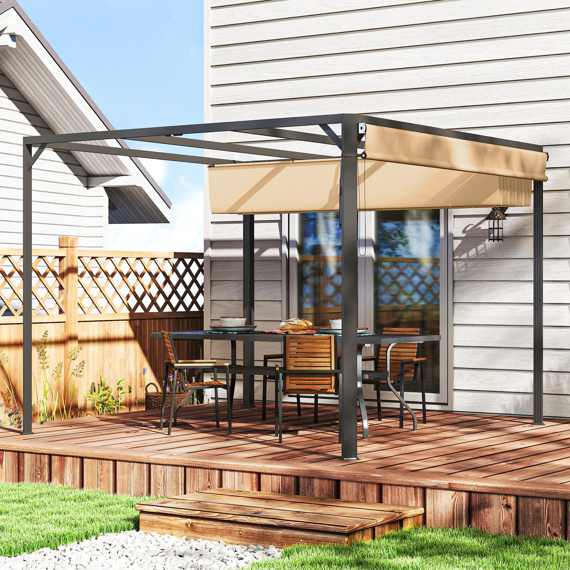 3 x 3m Aluminium Pergola with Retractable Roof and Wall - Khaki