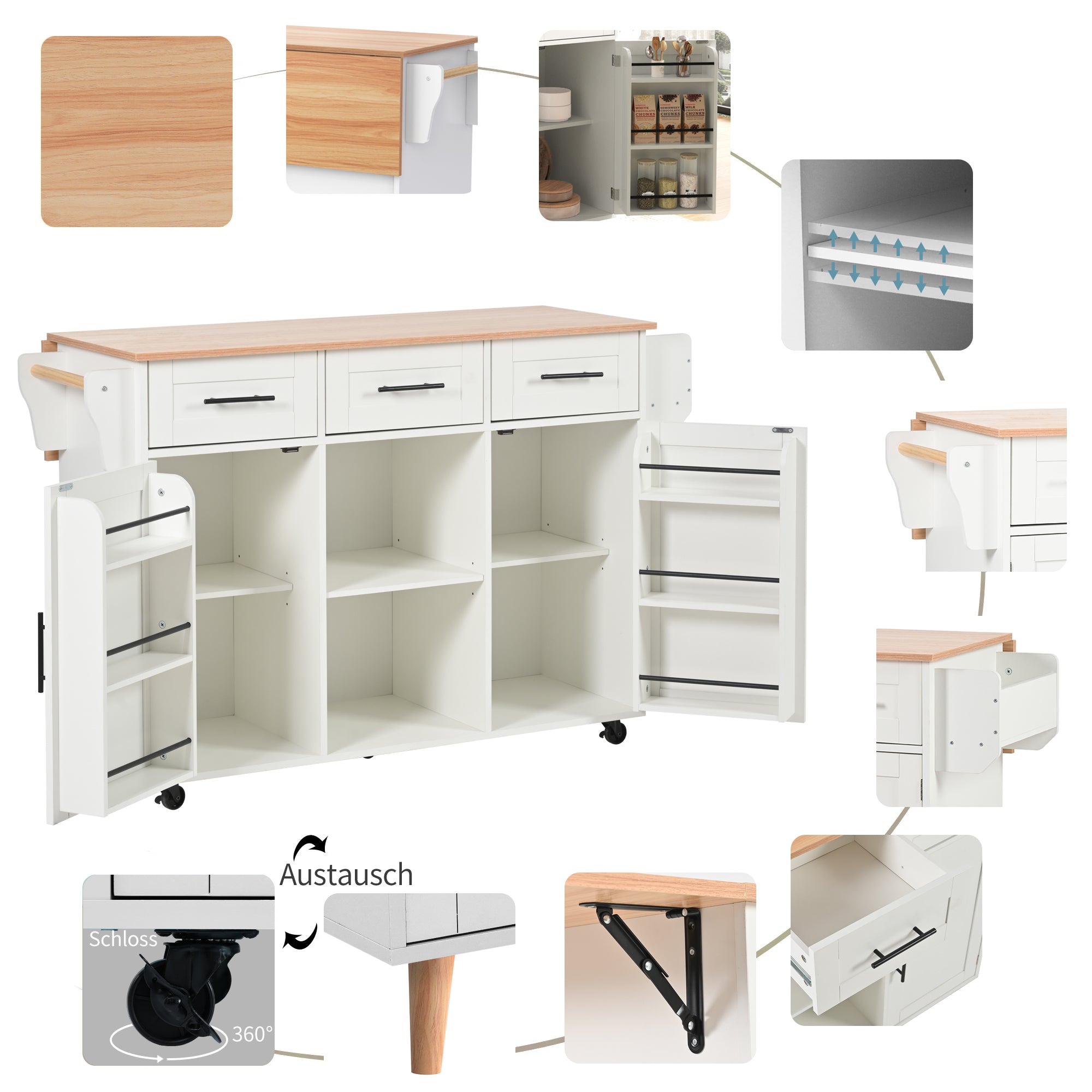 Dining Cart Sideboard 139cm Folding Worktop Storage on Wheels - White/Wood