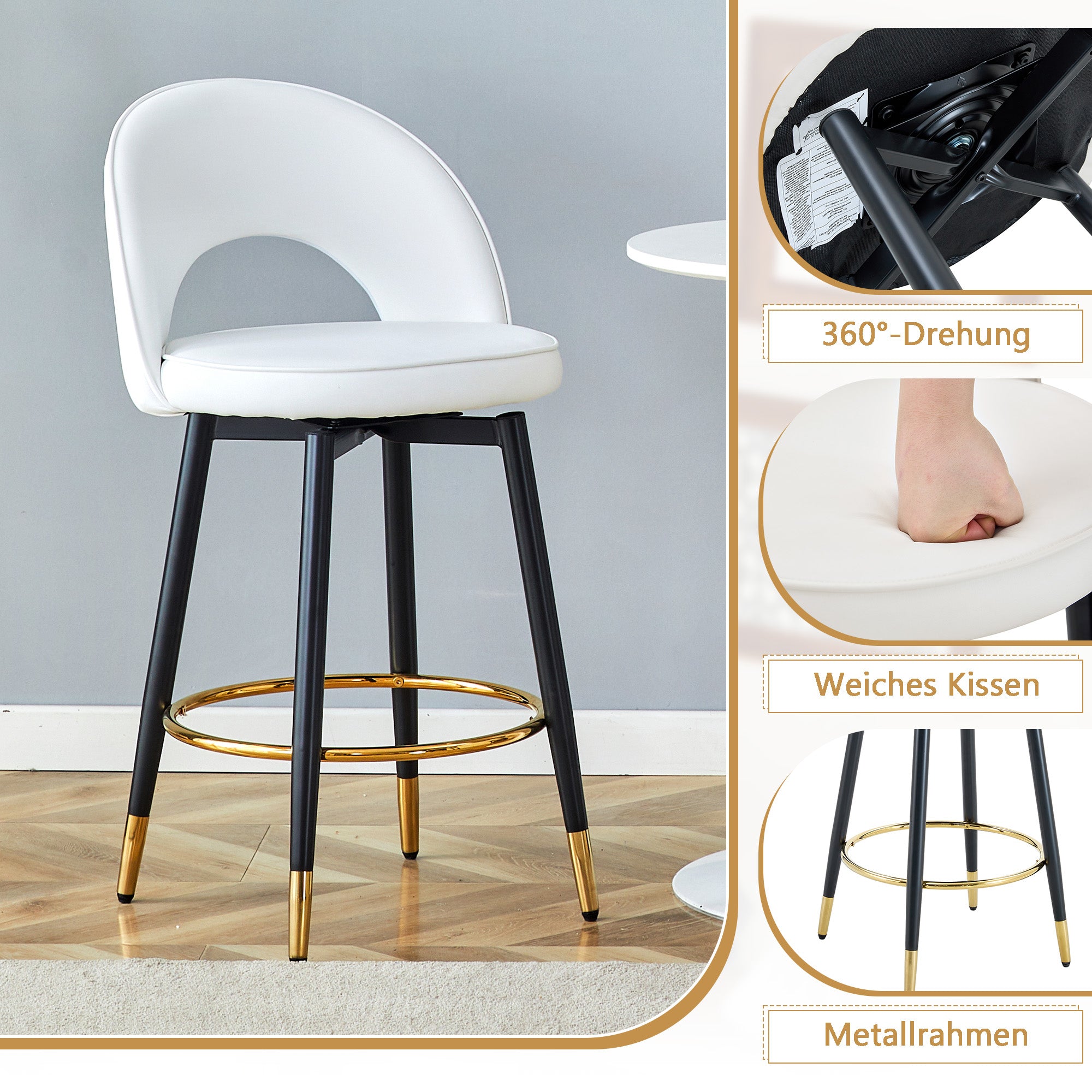360° Rotating Bar Stool, Modern Upholstered, White PU