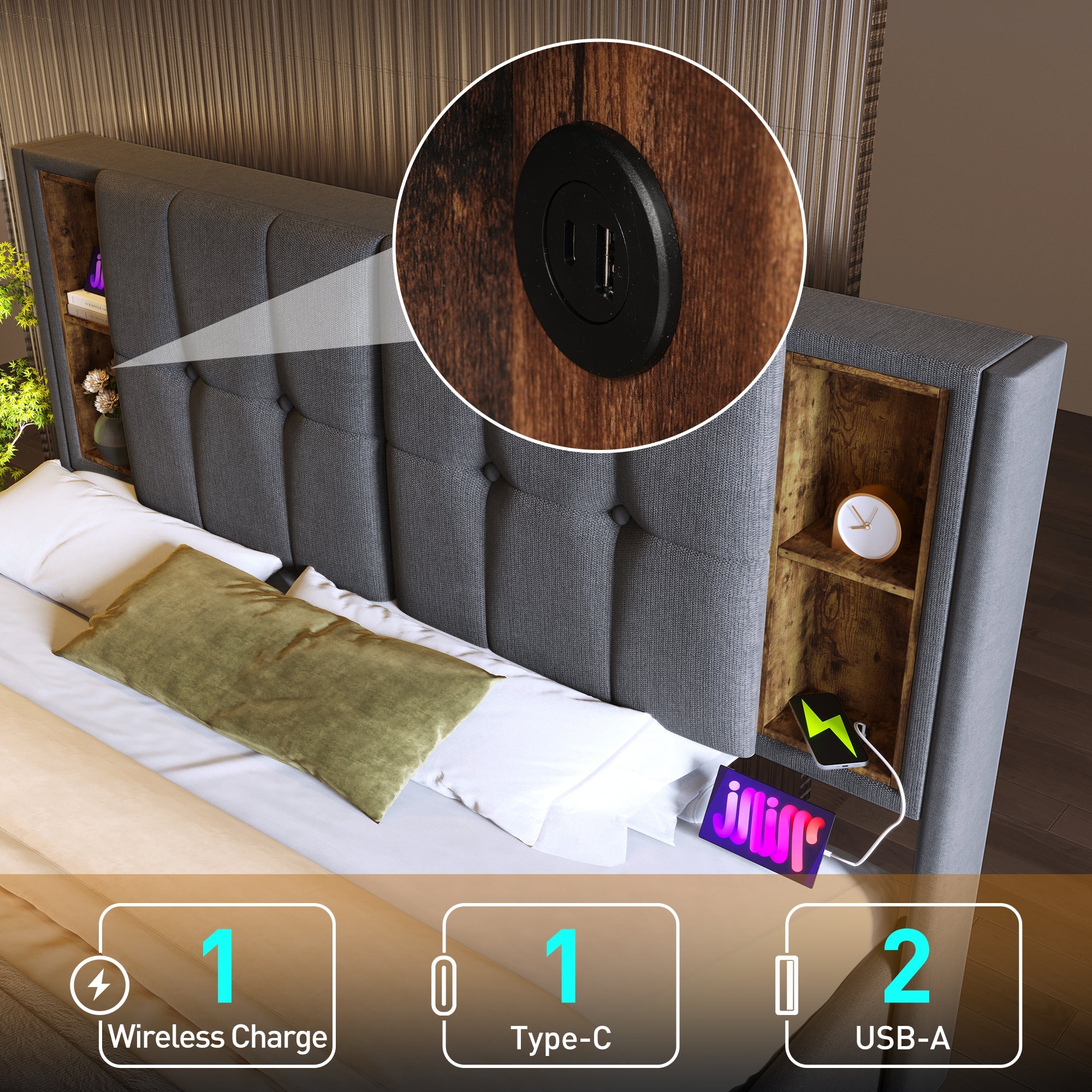 Upholstered Double Bed with Wireless Charging, Hydraulic Storage & Lift, 4FT6 Linen Fabric, Grey