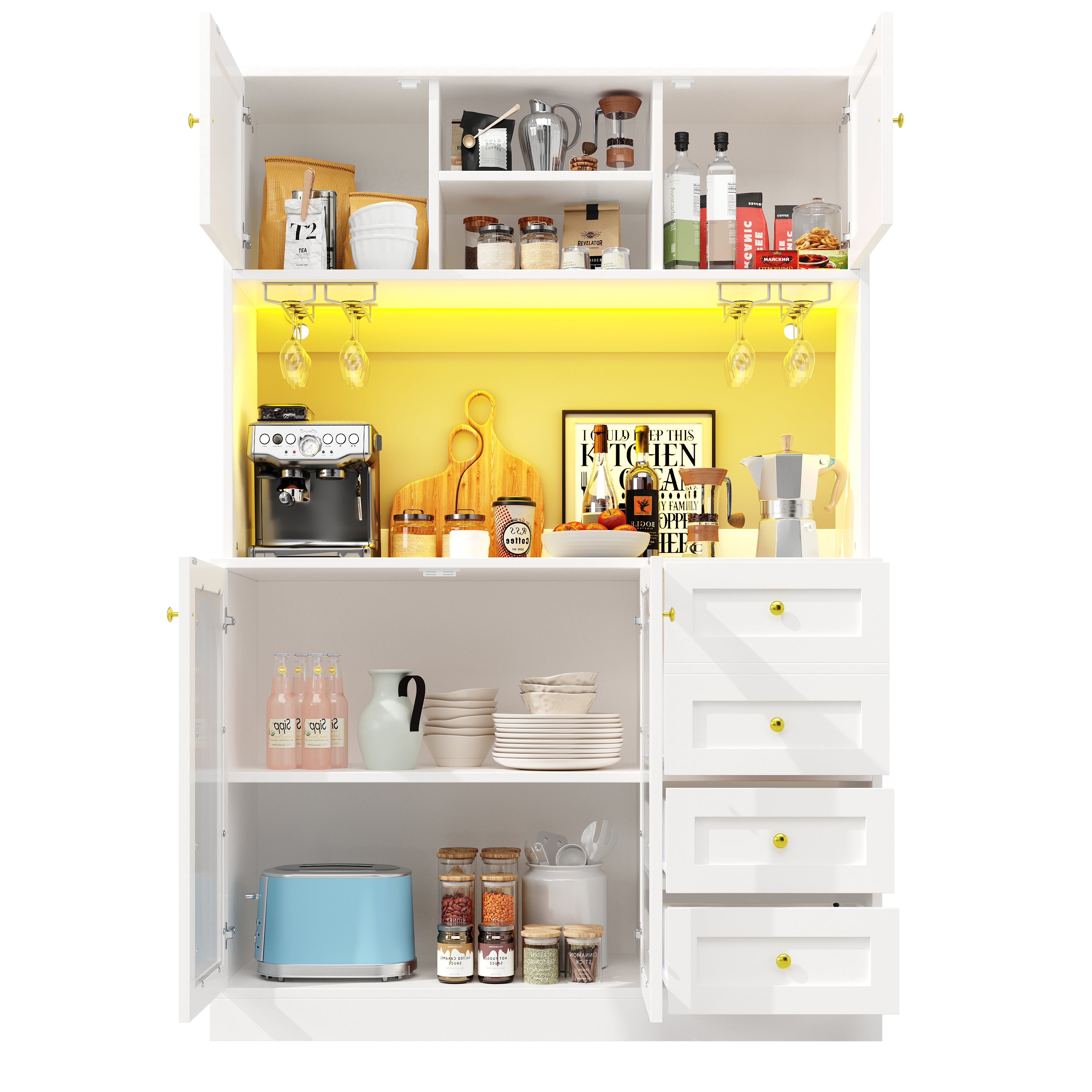 Sideboard Buffet Cabinet with LED Lighting and Fluted Glass Doors, Black and White