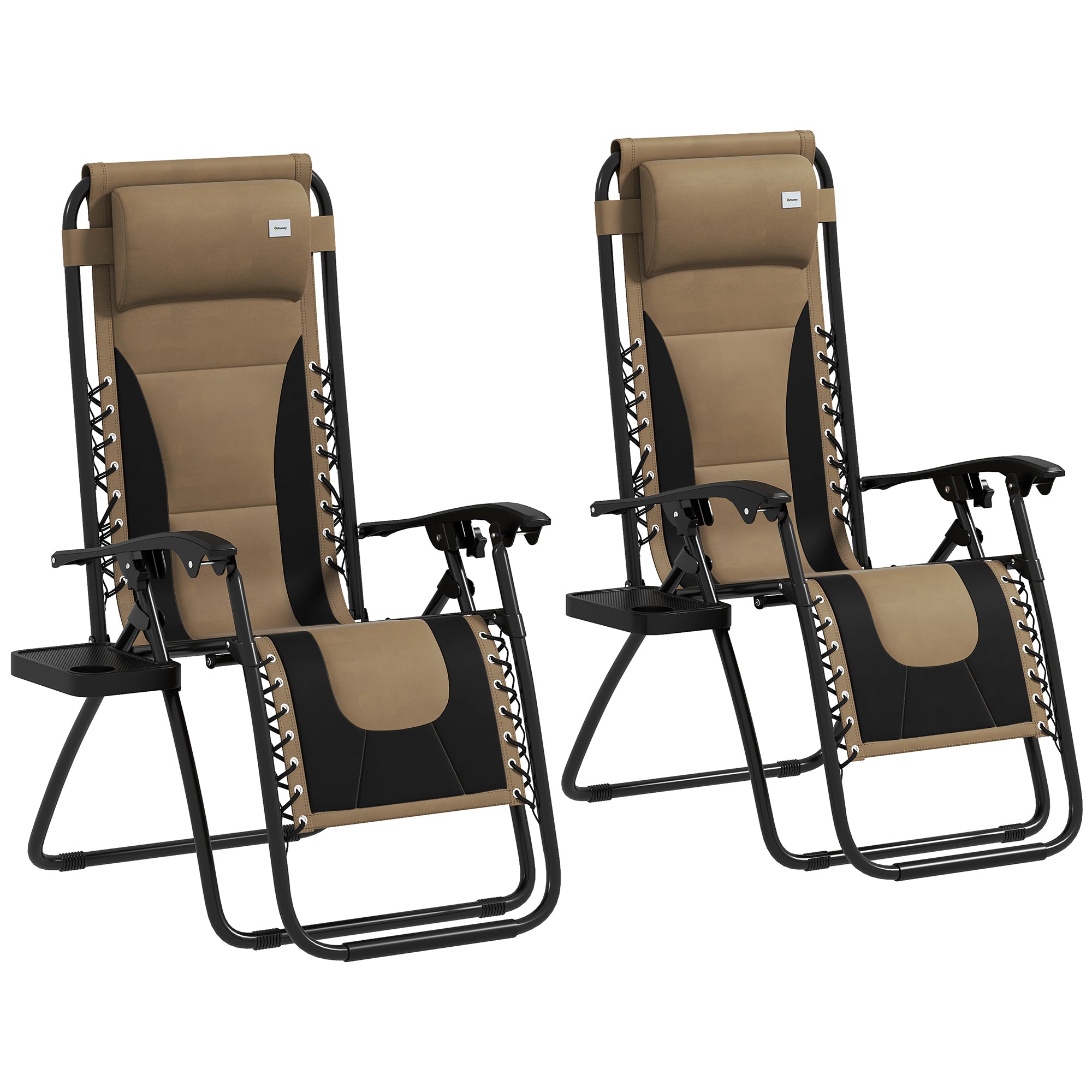 Zero Gravity Lounger Chair Set of 2, Folding Reclining Patio Chair with Padded Seat and Cup Holder, Coffee