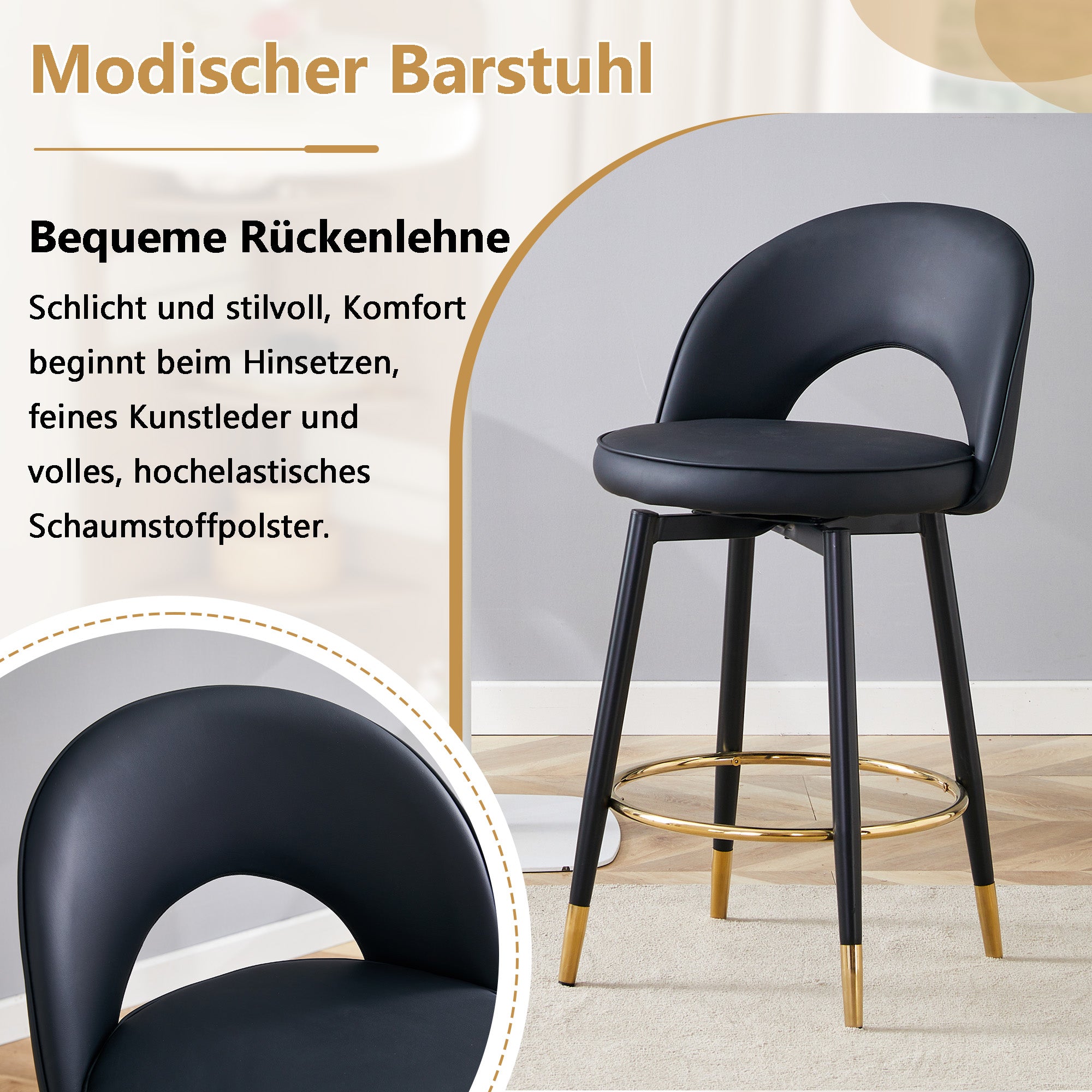 360° Swivel Bar Stool, Padded Seat with Openwork Backrest, Set of 2, Black PU Leather and Metal