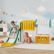 7-in-1 Children's Slide Indoor Playground with Climbing Frame and Playhouse, Yellow and Green Plastic