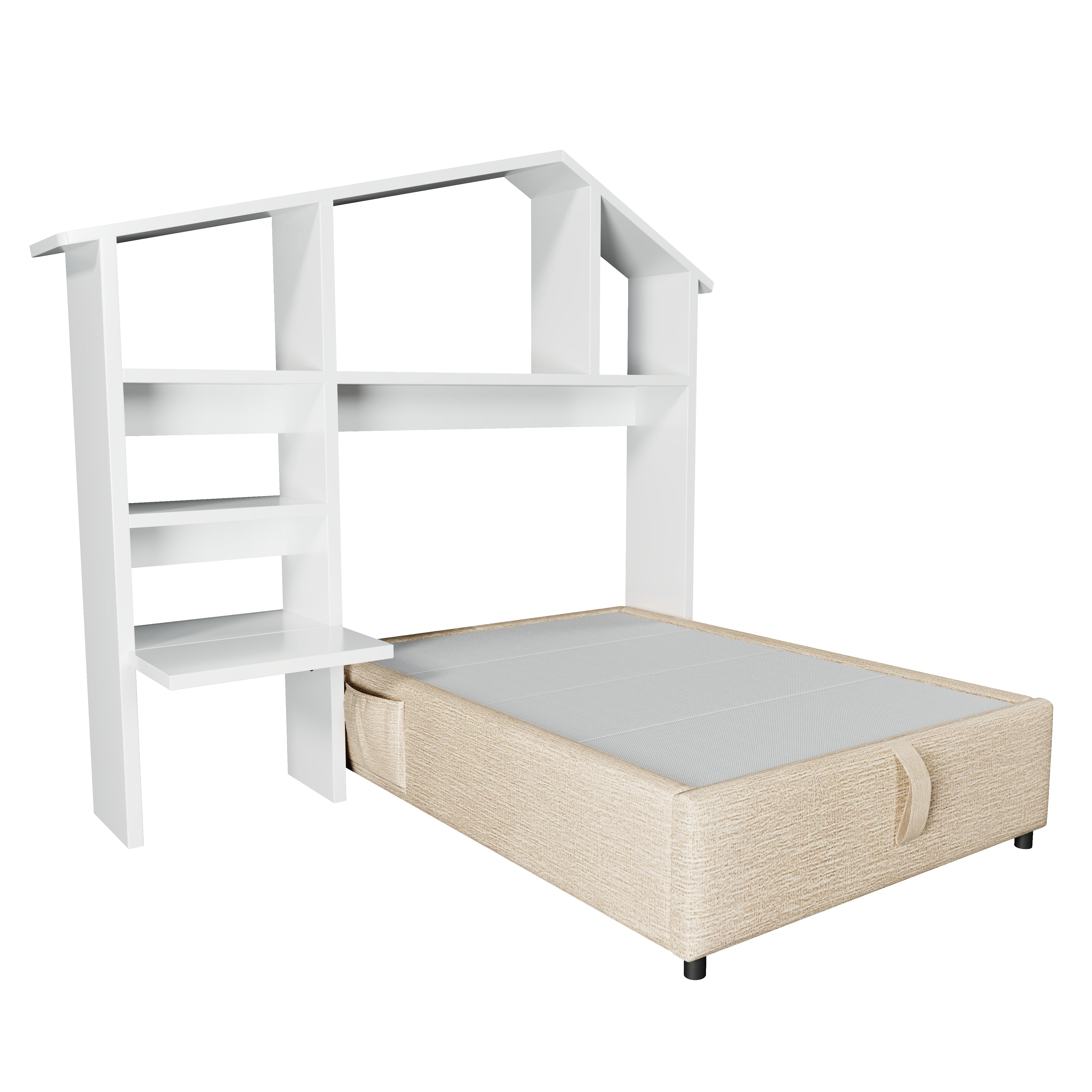 Children's Upholstered Bed, 90x190 cm with Bookcase, Hydraulic Storage & USB-C, Single, Linen
