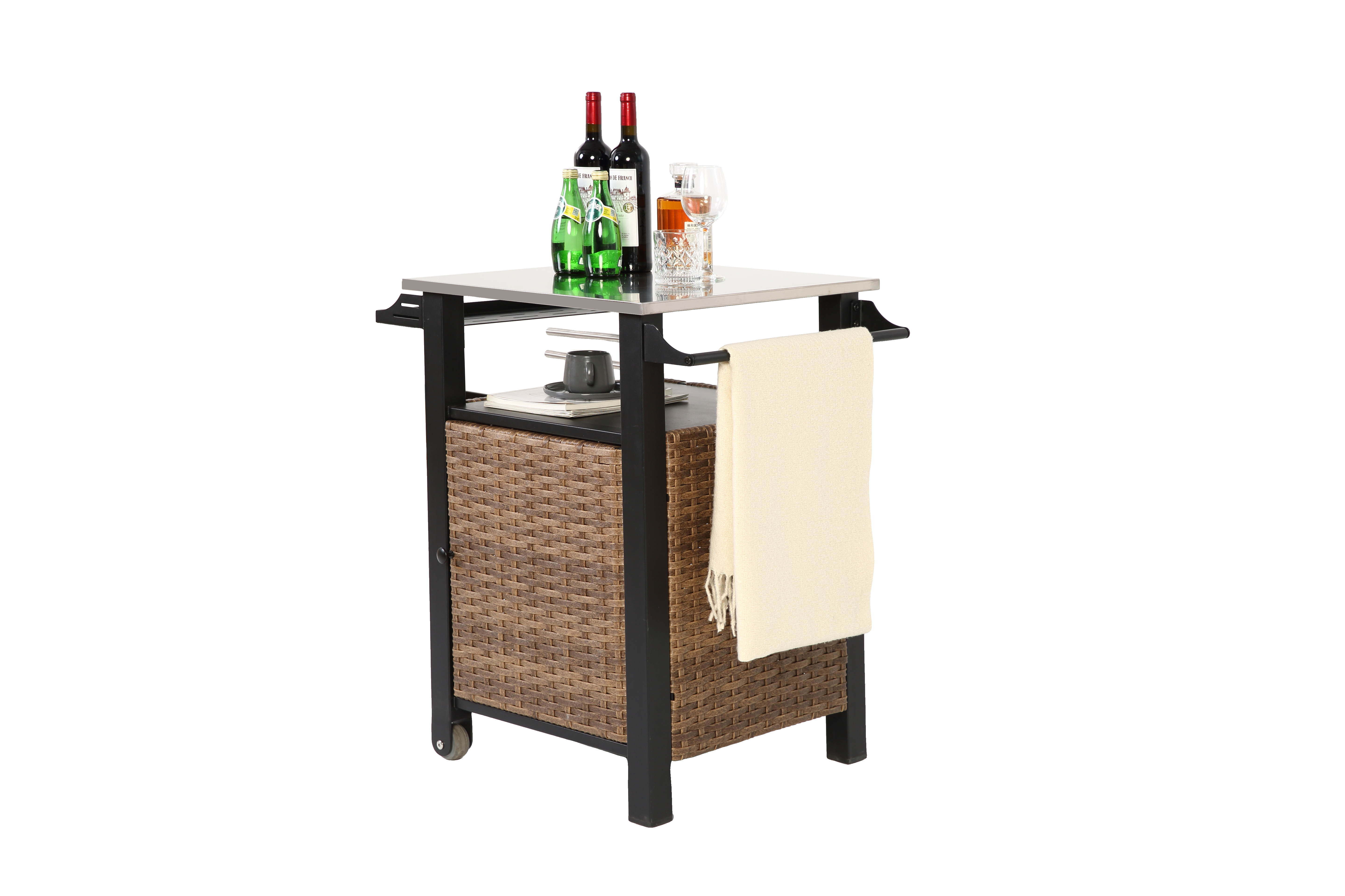 Bar Cart, Outdoor Kitchen Wicker Island Rolling with Stainless Steel Top, Brown