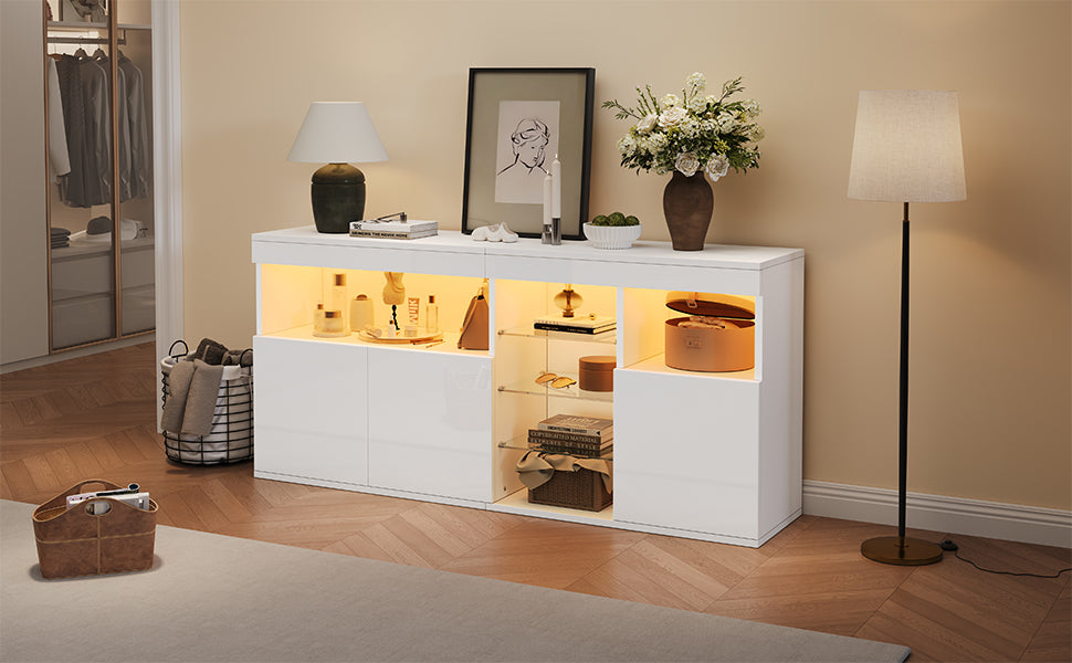 Living Room Cabinet Sideboard 155.5x35x72cm High-Gloss LED 3 Doors White