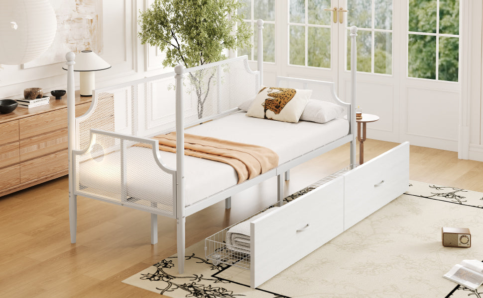 Iron Sofa Bed, 90x200 Vintage Mesh with Storage, White