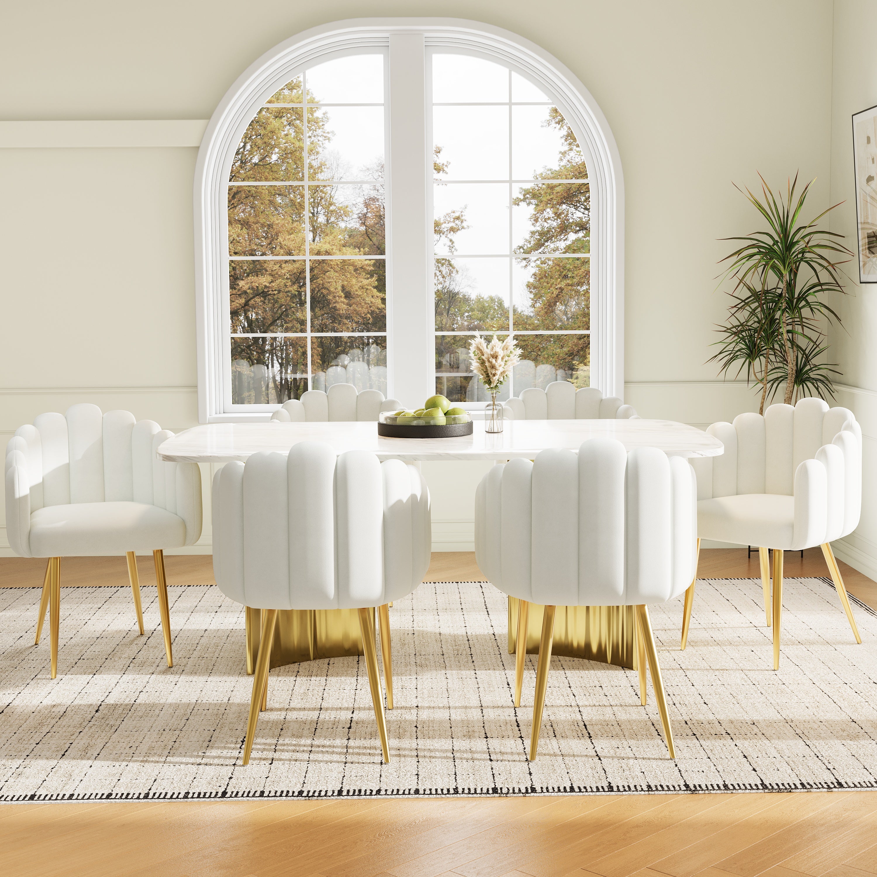 Dining Chair, 6-Piece Fan-Shaped Makeup Chair with Adjustable Electroplated Golden Iron Legs, Velour Fabric