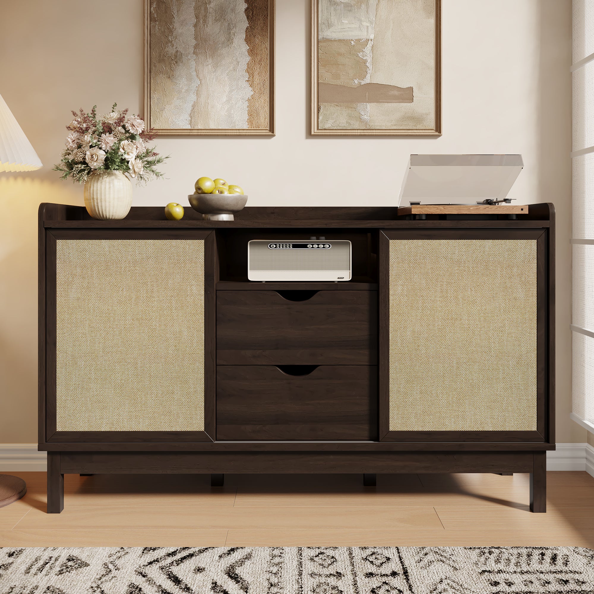 Sideboard Sliding Doors Double Drawers Multifunctional Storage