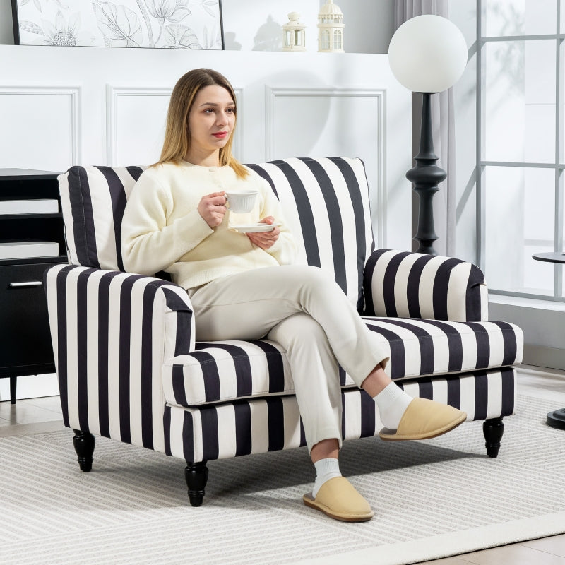Modern Cuddle Chair with Stripe, Turned Legs, Wide Seat, Velvet Black and White