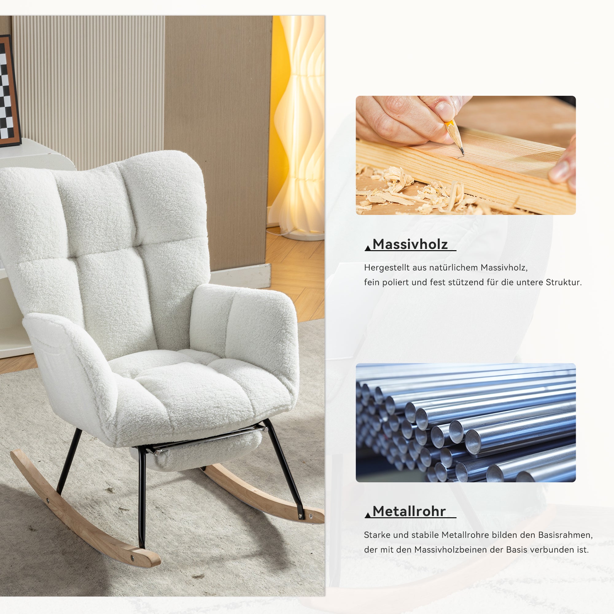 009B Rocking Chair, Upholstered with Retractable Footrest, White Teddy Fabric