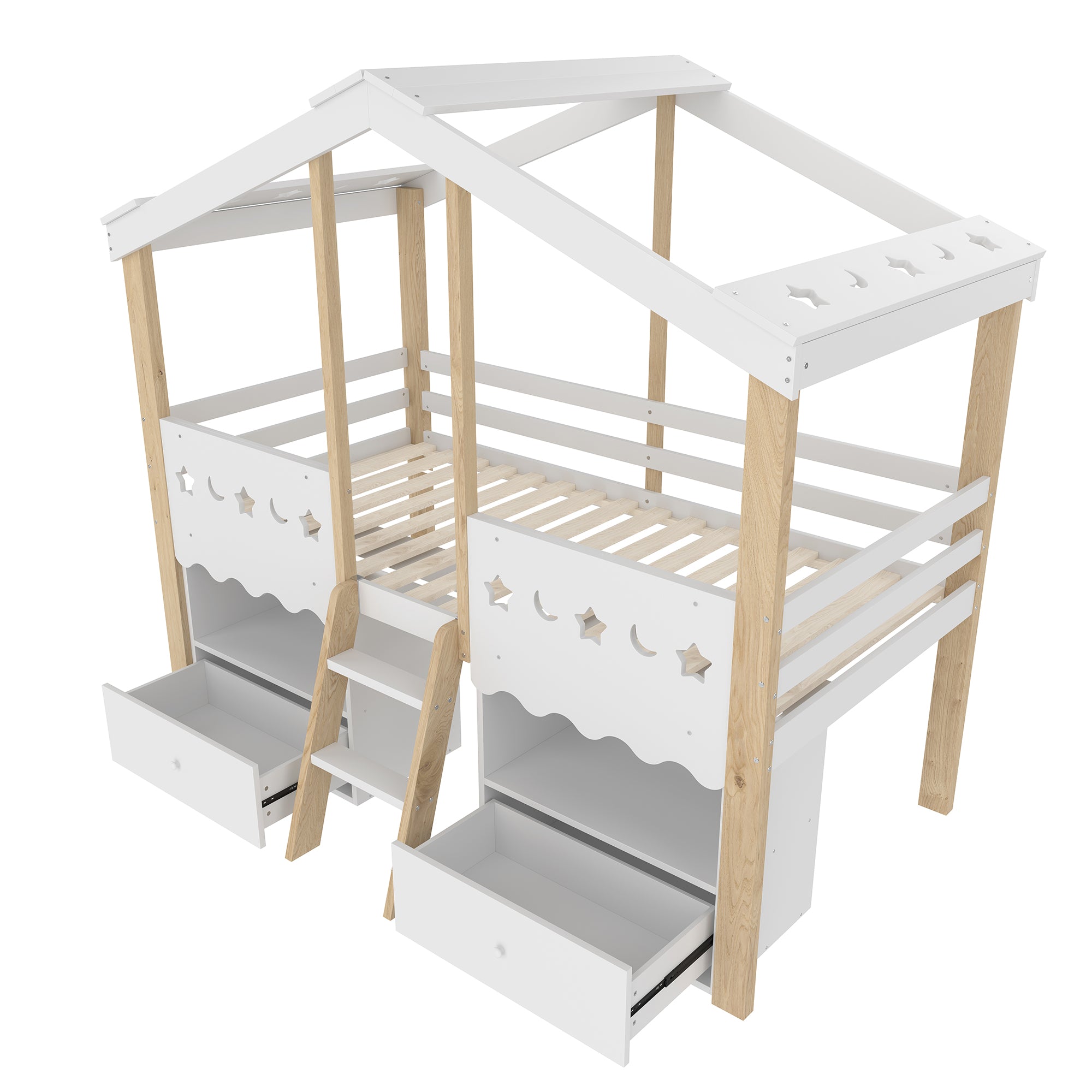 Mid-height Bed 90x200cm House Shape 2 Drawers LED Light - White/Natural