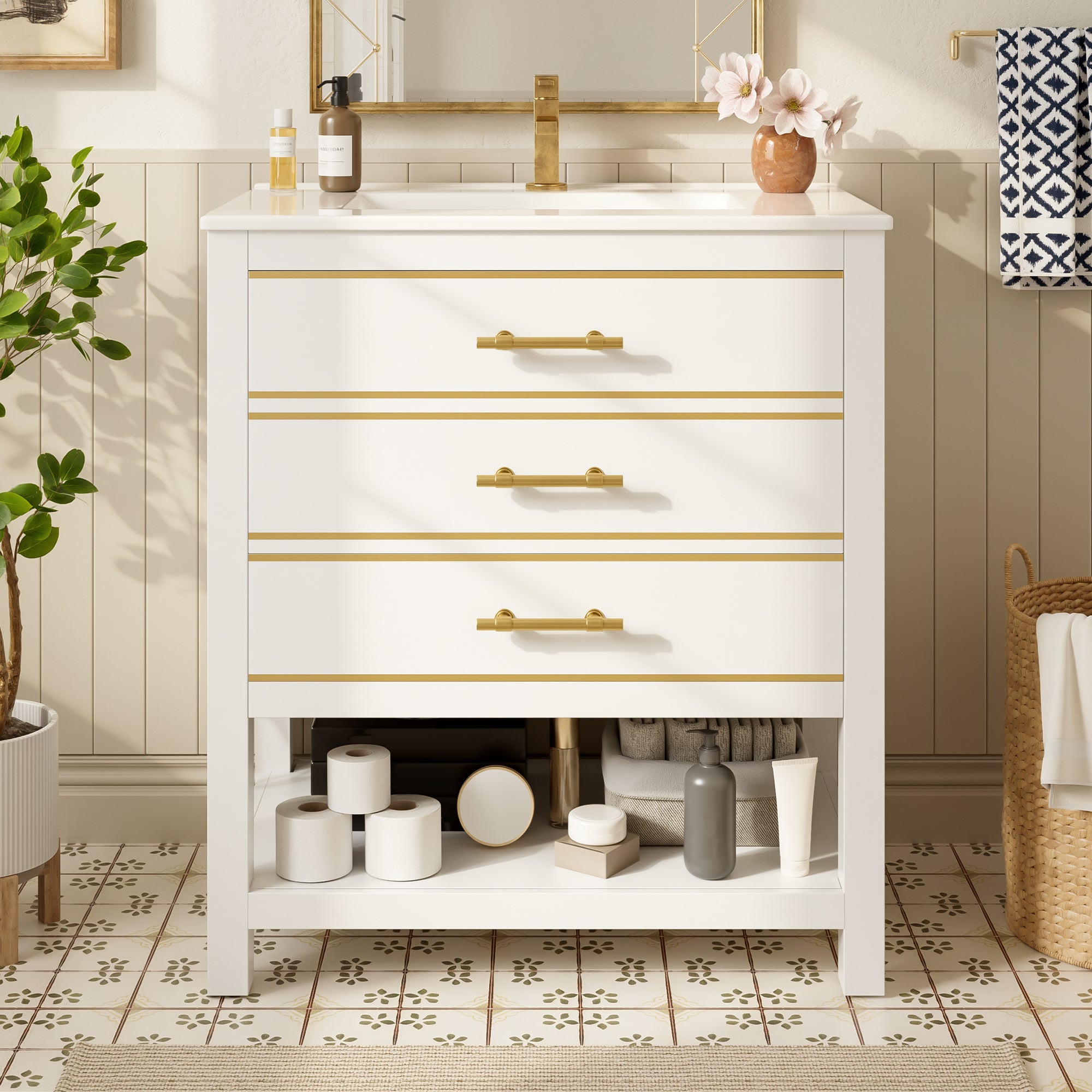Bathroom Vanity Unit with Ceramic Basin and 2 Drawers, White and Gold