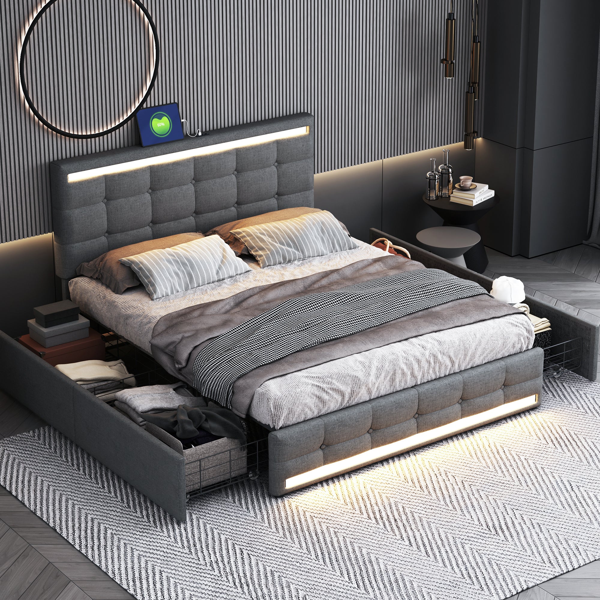 Upholstered Bed 140x200, LED, 4 Drawers, 2 USB Charging Stations, Linen Fabric Gray