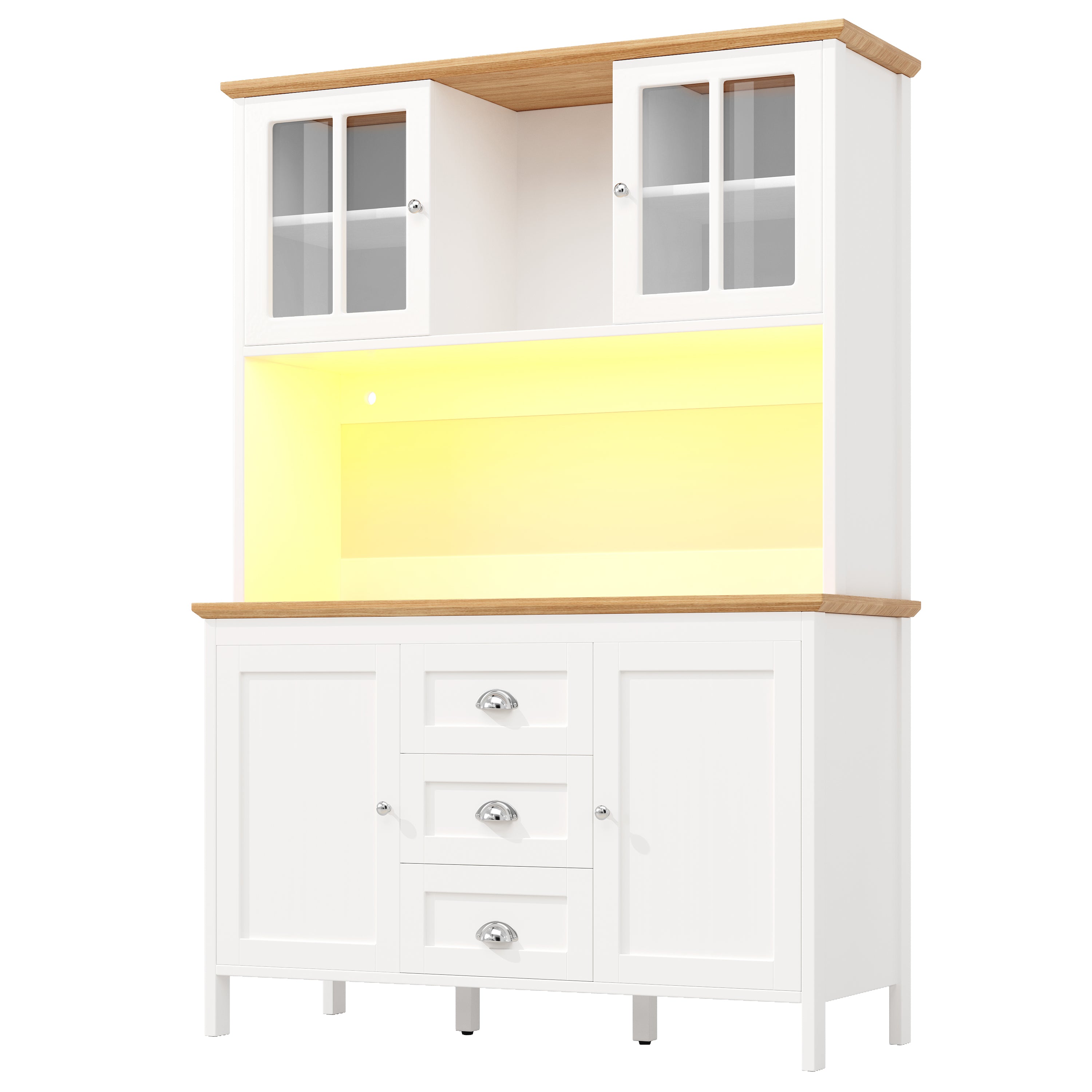 Tall Sideboard Cabinet with LED Lighting and 3 Drawers, White and Black
