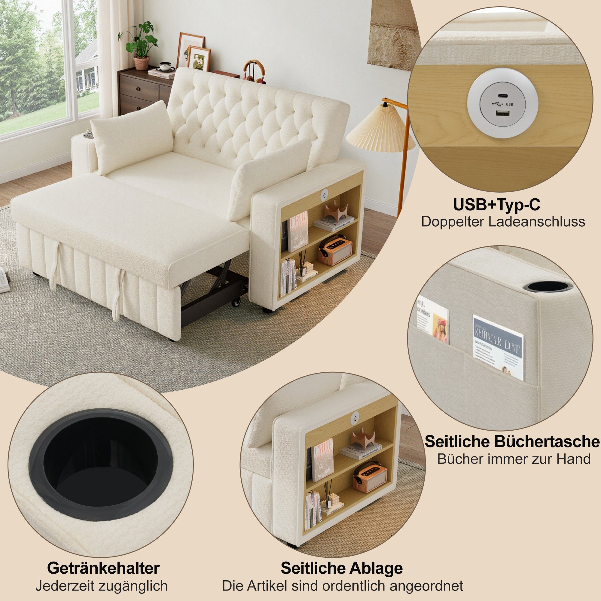 Sofa Bed, Modern Folding with Storage, Cup Holder, USB, Beige