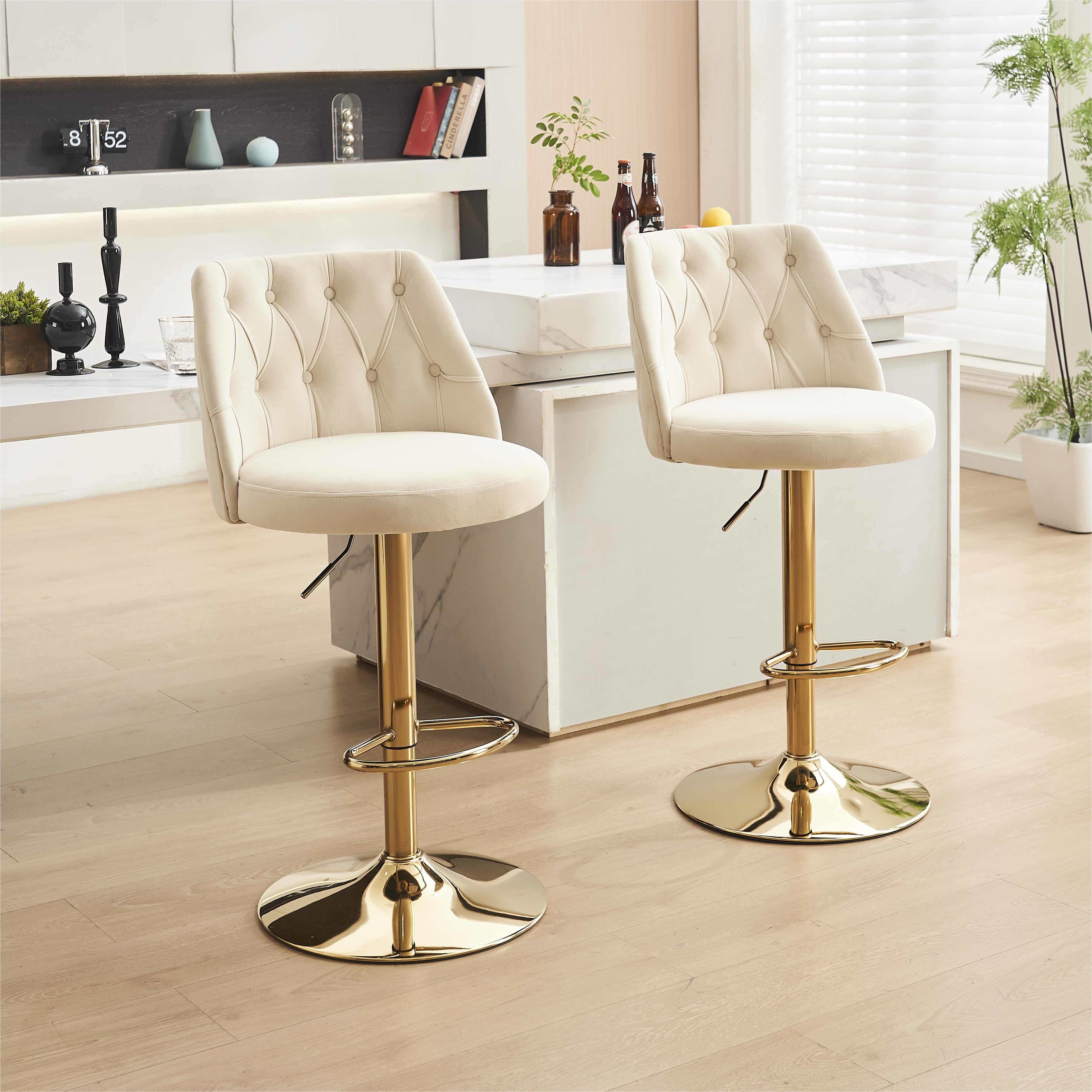 Modern Bar Stool Adjustable Height Tufted Backrest Footrest Velvet Beige (Set of 2)