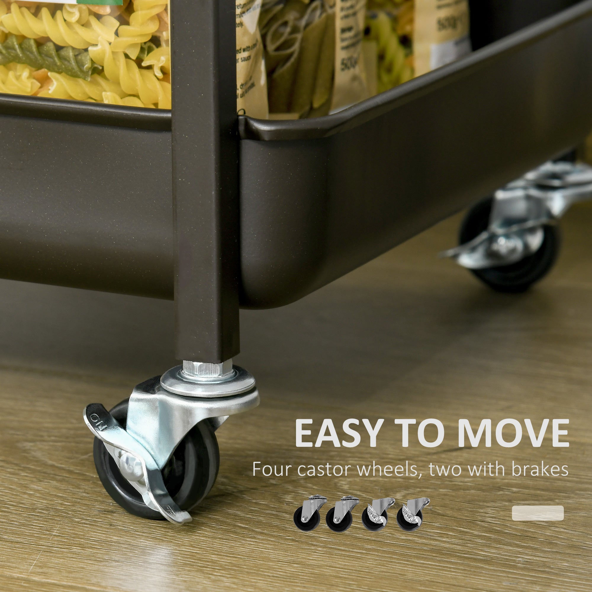 Kitchen Trolley with Folding Table Top, 2 Trays, Wheels, and Adjustable Foot Pads, Metal