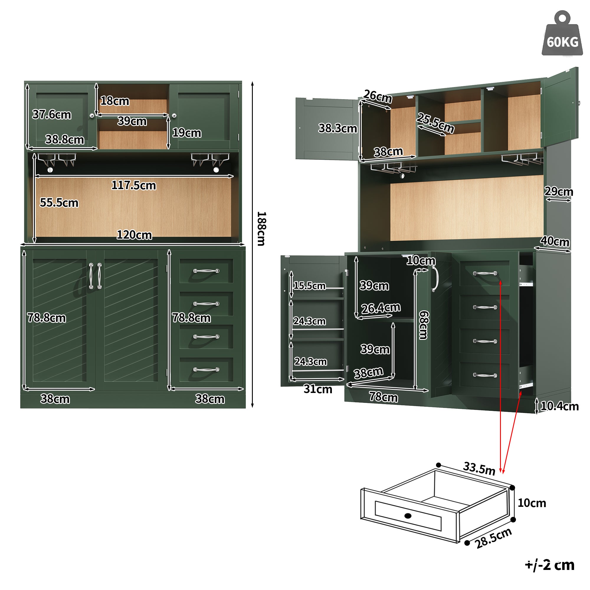 Sideboard with LED Lighting and Drink Holders, Green and White