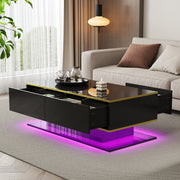 High-Gloss LED Coffee Table Modern 100cm with 3 Drawers USB Light Strip Gold Trim