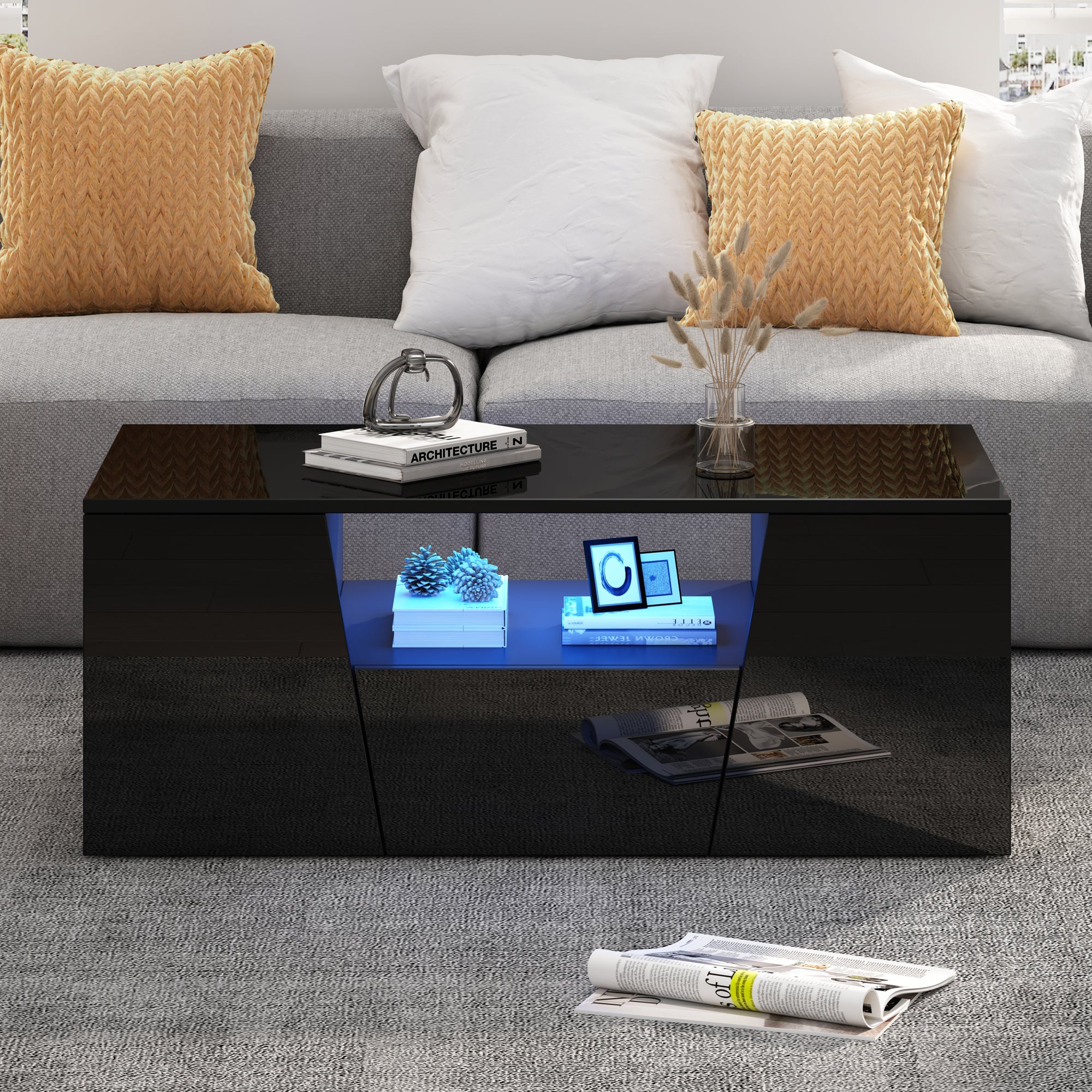 Coffee Table 100x50x40cm, LED Light, 2 Cabinets, 1 Drawer, Black