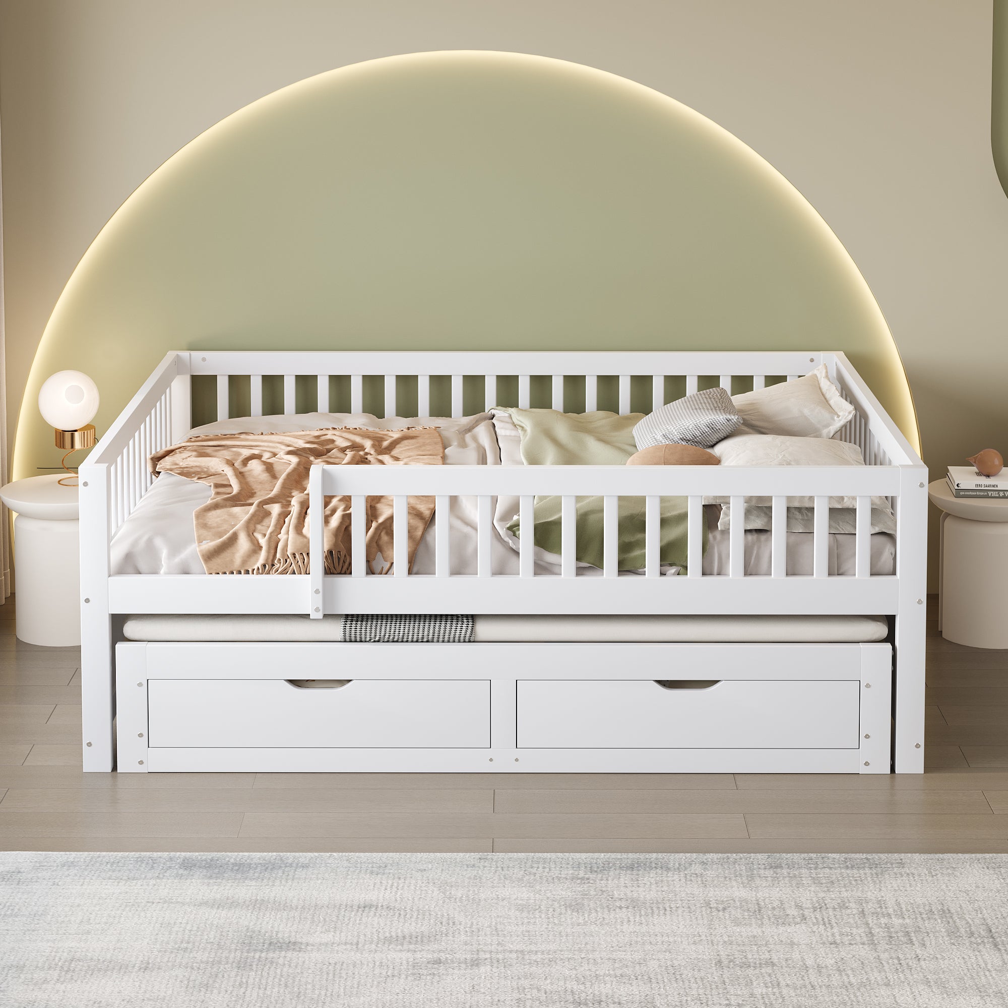 Sofa Bed, Pull-Out with Safety Gate & 2 Drawers, Solid Wood, White