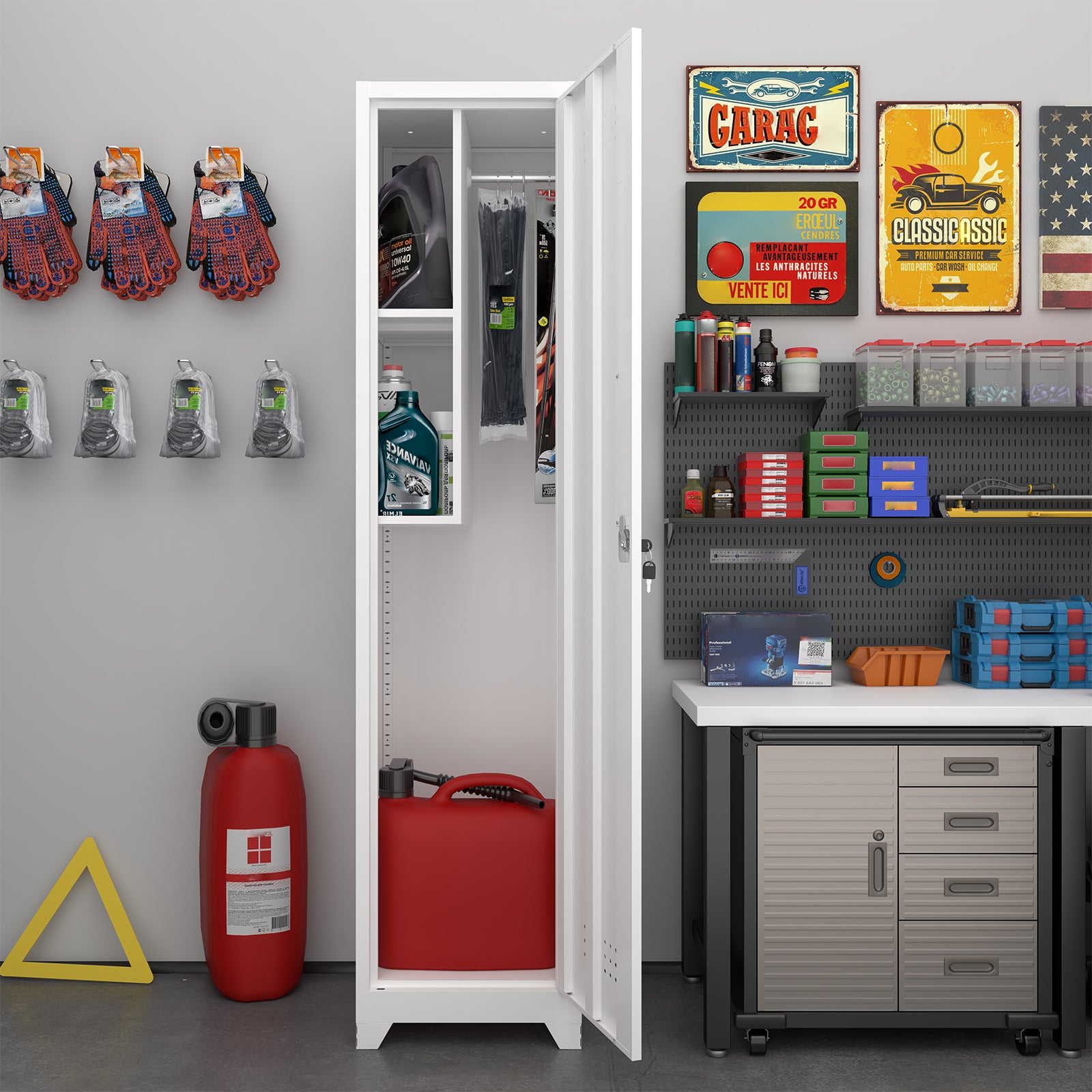 Slim Broom Storage Cabinet with Shelves, Hanging Rod and Locking Door, Metal