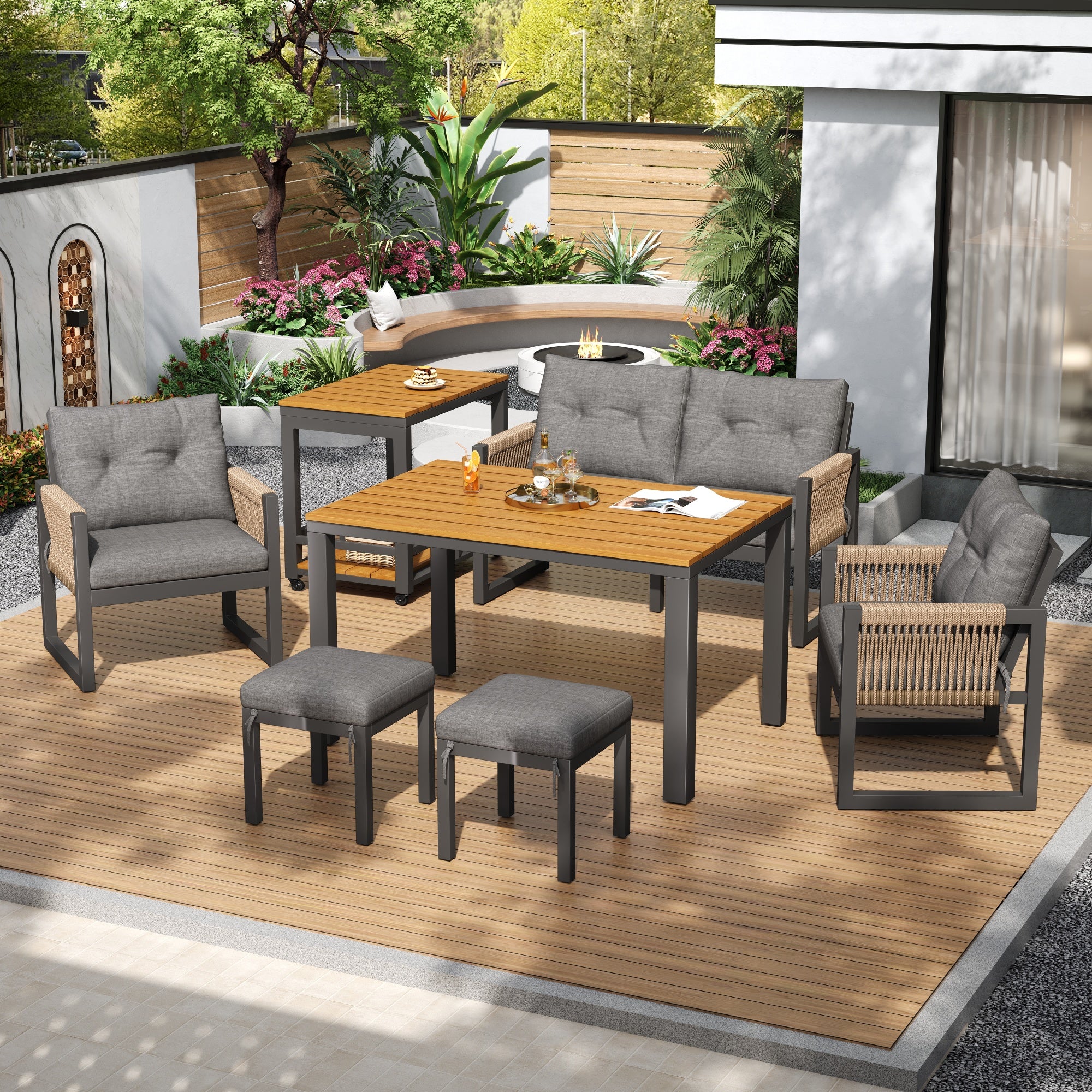 Outdoor Sofa Set with Woven Armrests, Cushions and Multifunctional Table, Iron Frame