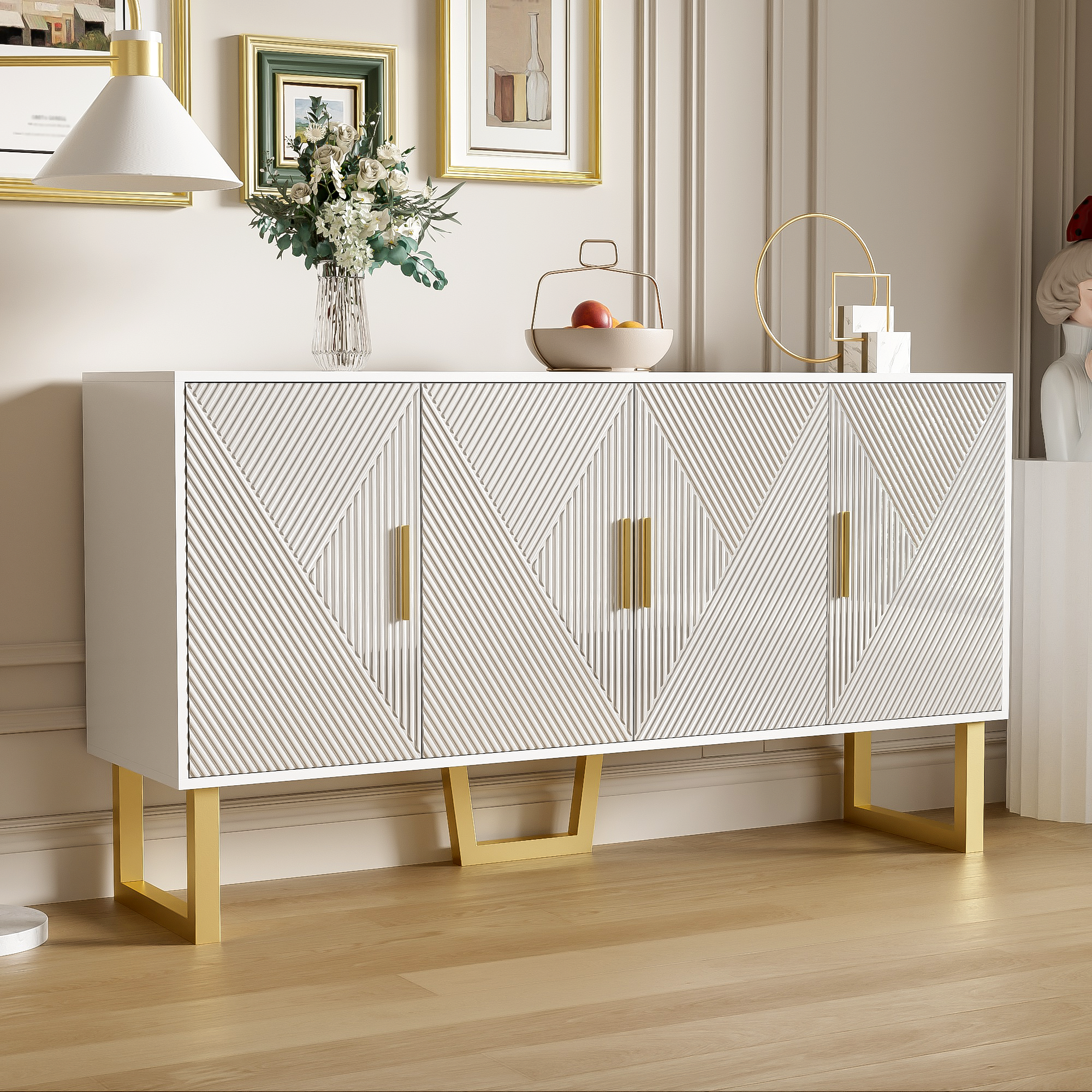 Sideboard, 150cm Modern Luxurious 4-Door with Adjustable Shelves, White High-Gloss
